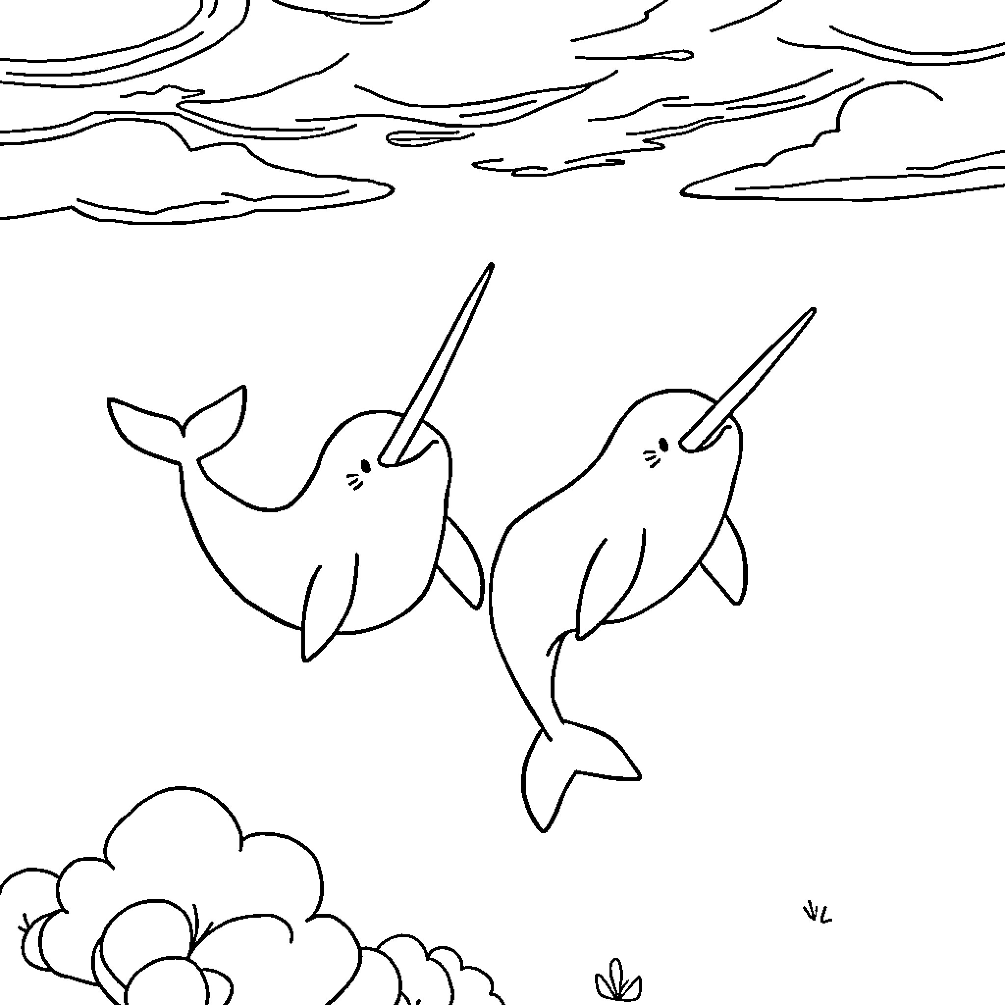 Narwhals swimming playfully in the ocean Coloring Page (free black-and-white line drawing printable PDF for all, from beginners to advanced learners, including children, teens, adults, and seniors)