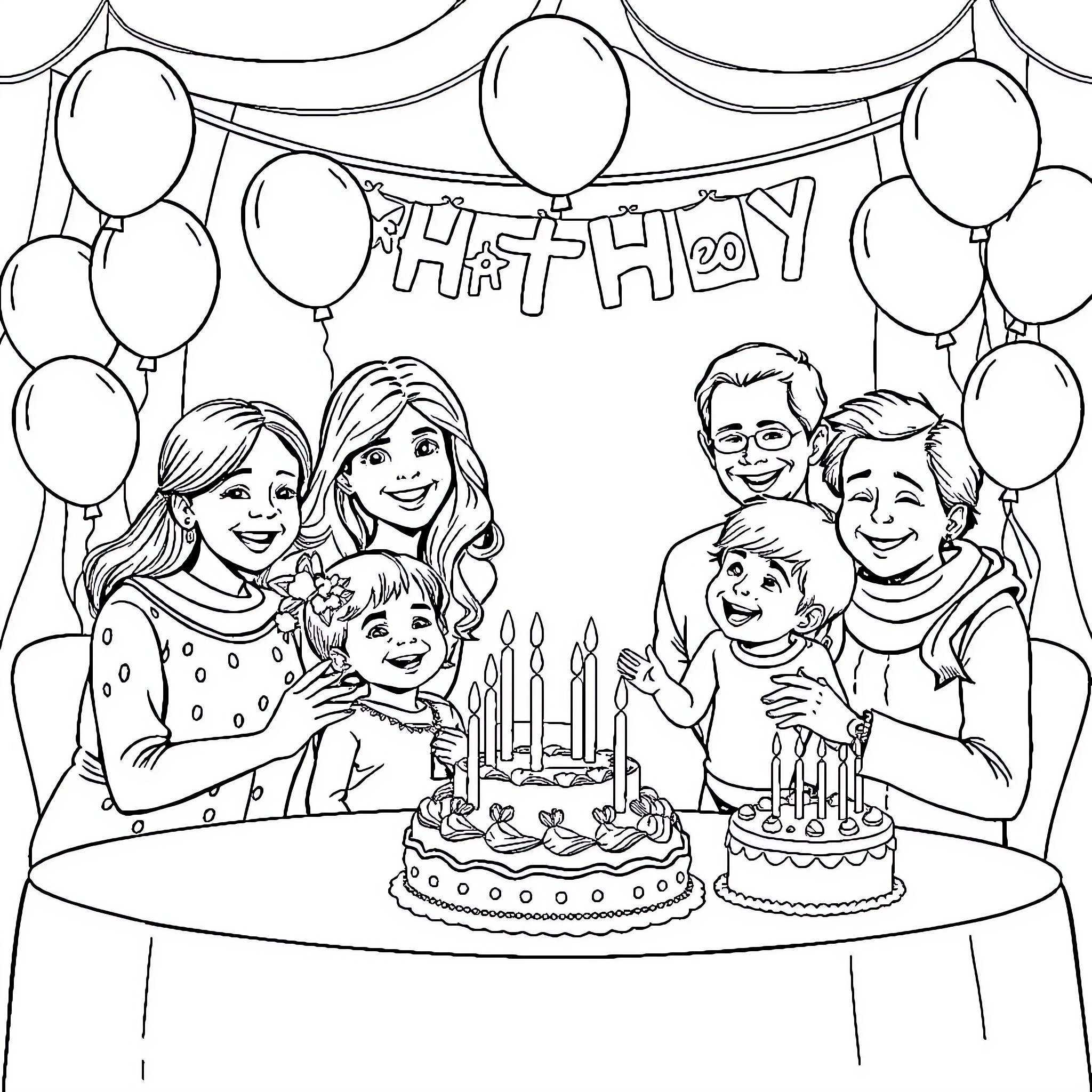 Family Celebrating a Happy Birthday Coloring Page (free black-and-white line drawing printable PDF for all, from beginners to advanced learners, including children, teens, adults, and seniors)