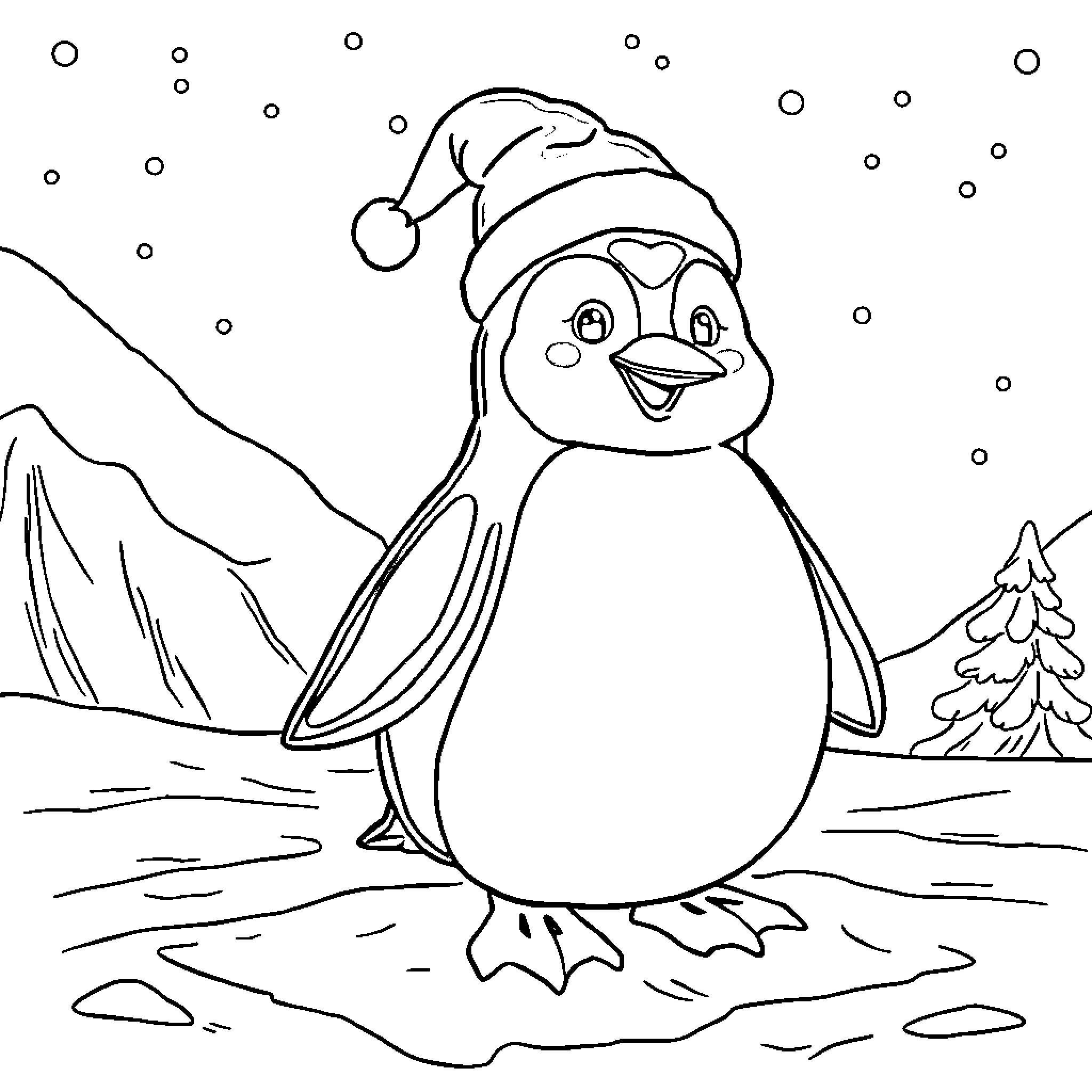 Penguin wearing a festive hat in a winter scene Coloring Page (free black-and-white line drawing printable PDF for all, from beginners to advanced learners, including children, teens, adults, and seniors)