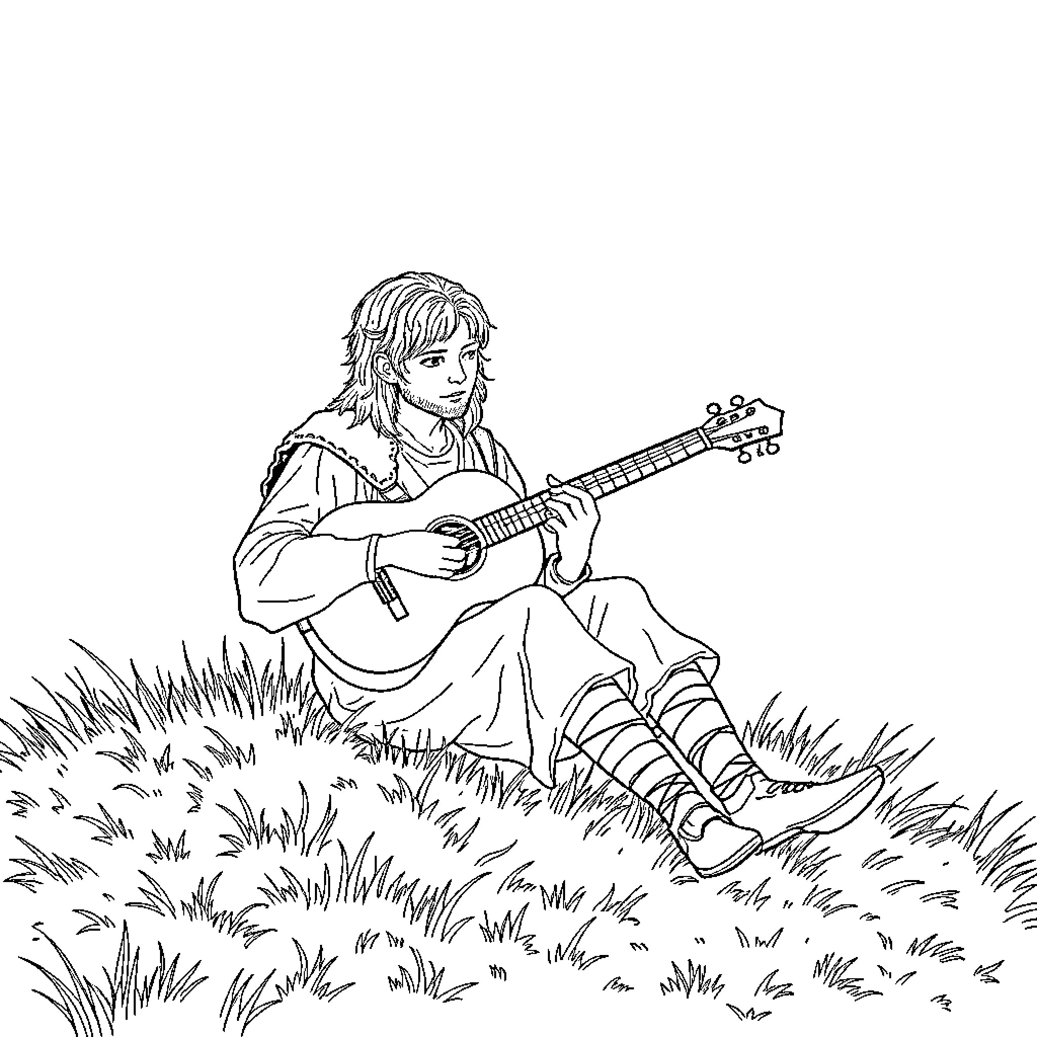 Samwise playing guitar in a grassy field Coloring Page (free black-and-white line drawing printable PDF for all, from beginners to advanced learners, including children, teens, adults, and seniors)