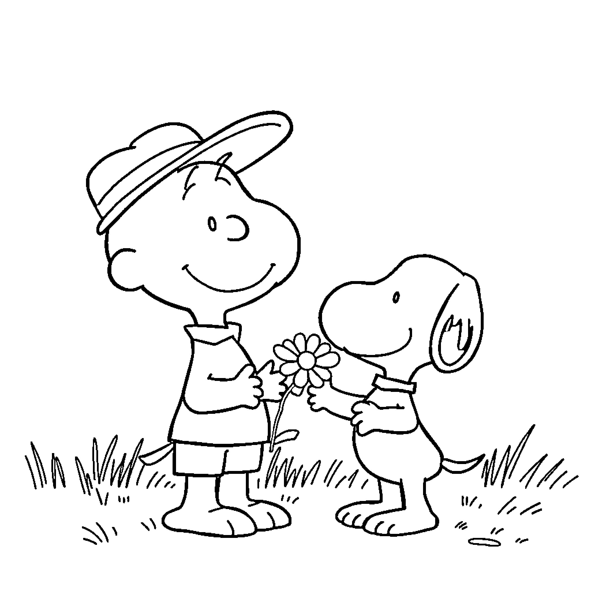 Snoopy and Woodstock sharing a flower Coloring Page (free black-and-white line drawing printable PDF for all, from beginners to advanced learners, including children, teens, adults, and seniors)