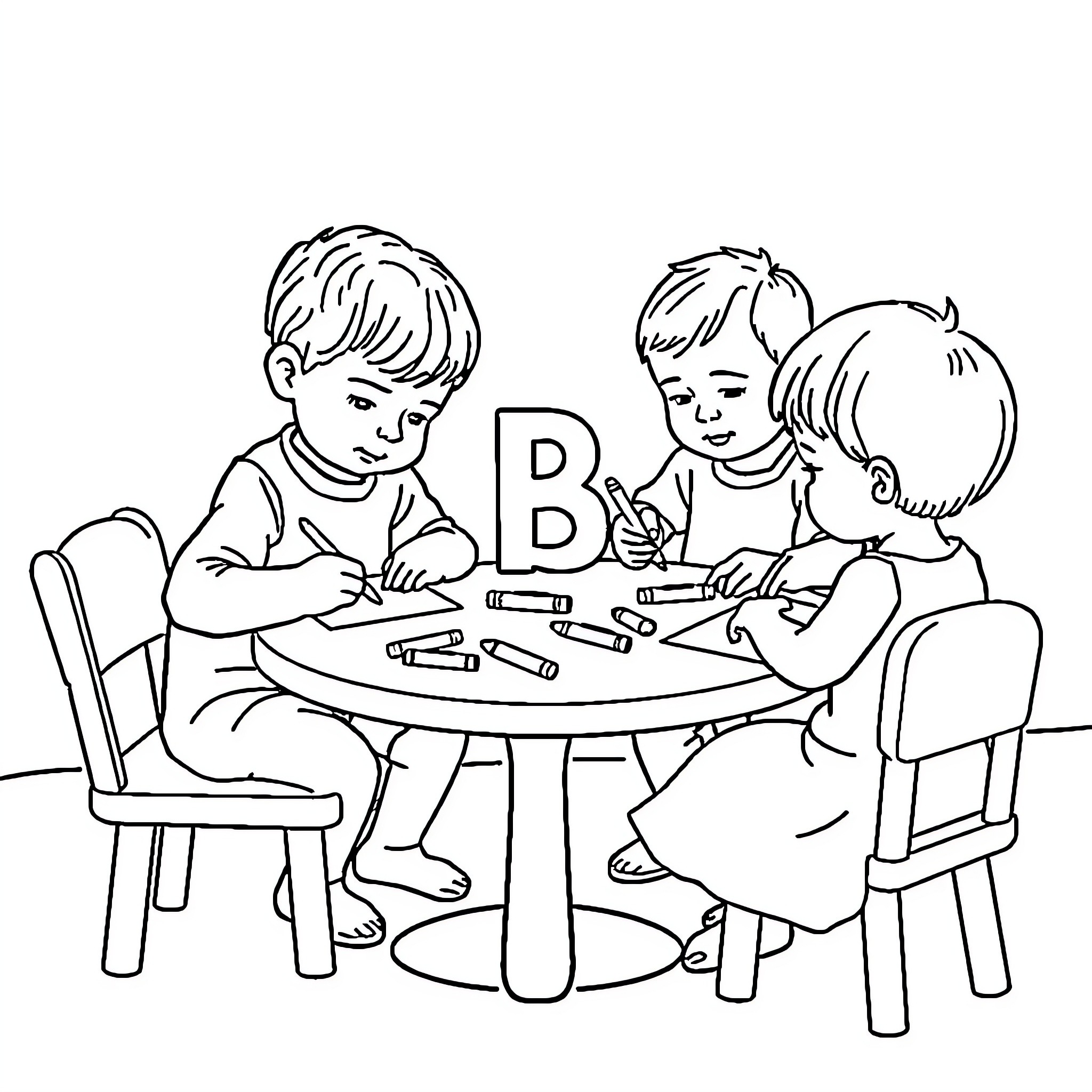 Toddlers engaged in educational activities at table Coloring Page (free black-and-white line drawing printable PDF for all, from beginners to advanced learners, including children, teens, adults, and seniors)