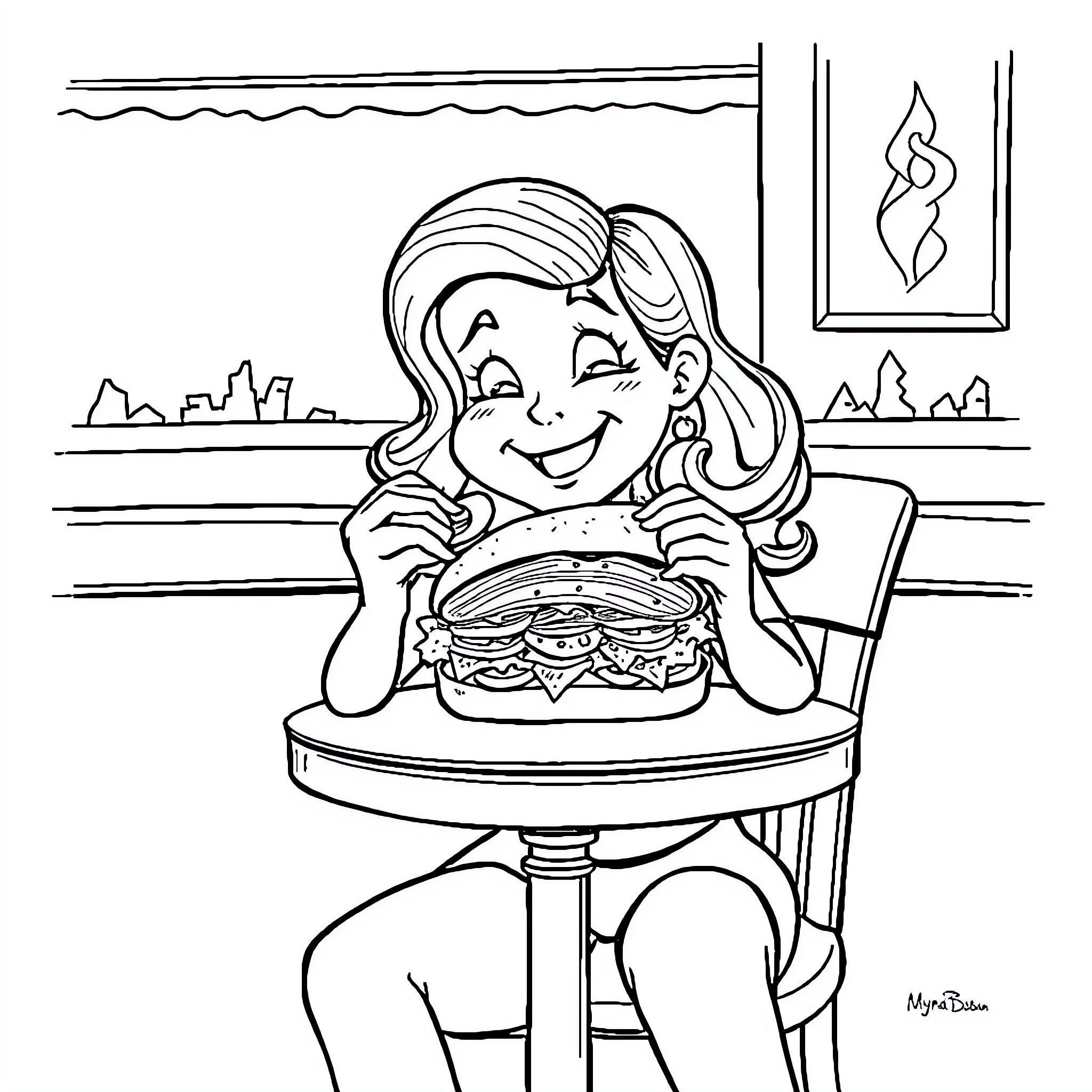 Myra Dubois Enjoys a Delightful Meal Coloring Page (free black-and-white line drawing printable PDF for all, from beginners to advanced learners, including children, teens, adults, and seniors)