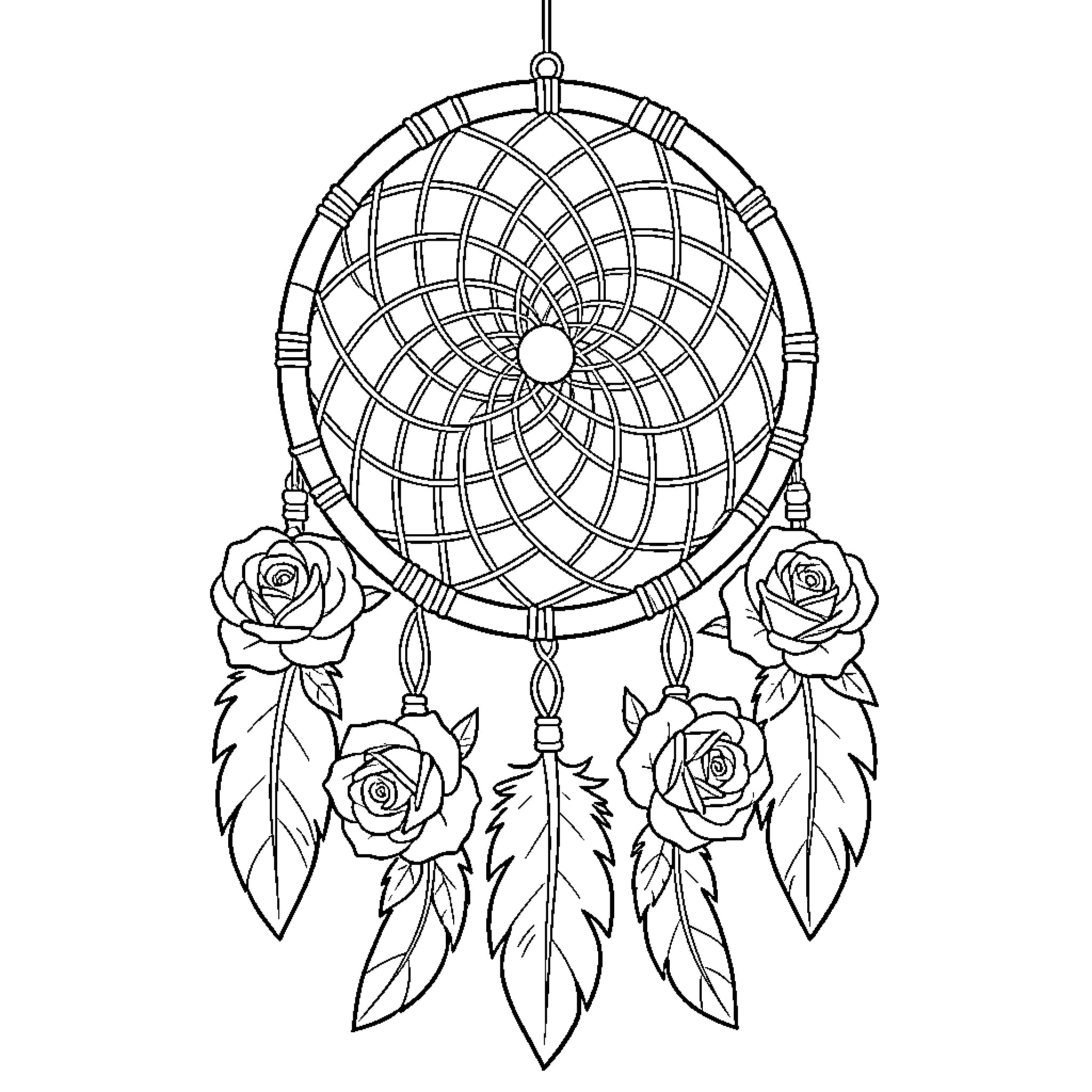 Dream Catcher adorned with beautiful roses and feathers Coloring Page (free black-and-white line drawing printable PDF for all, from beginners to advanced learners, including children, teens, adults, and seniors)