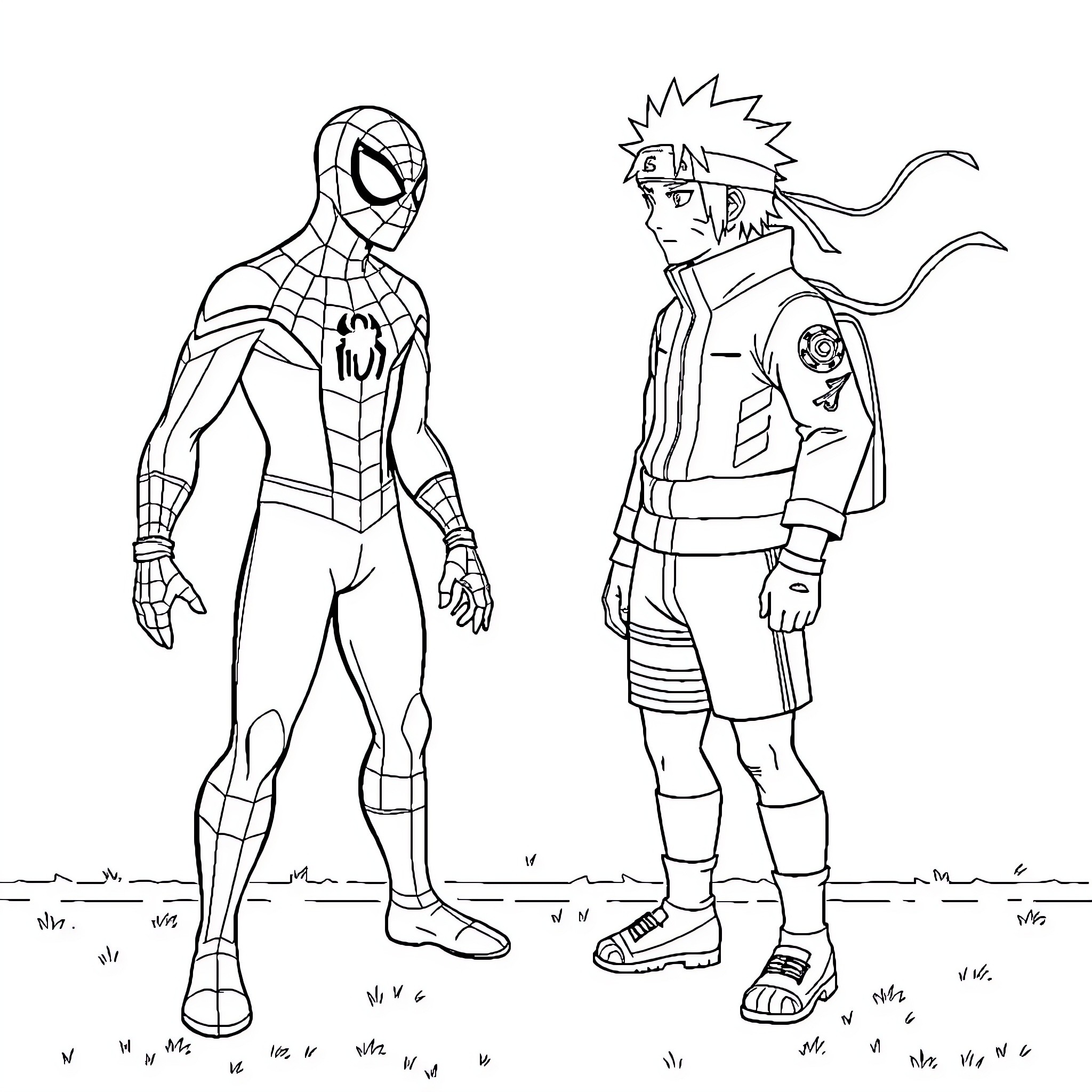 Spider-Man and Naruto, Superhero and Ninja Friends Coloring Page (free black-and-white line drawing printable PDF for all, from beginners to advanced learners, including children, teens, adults, and seniors)