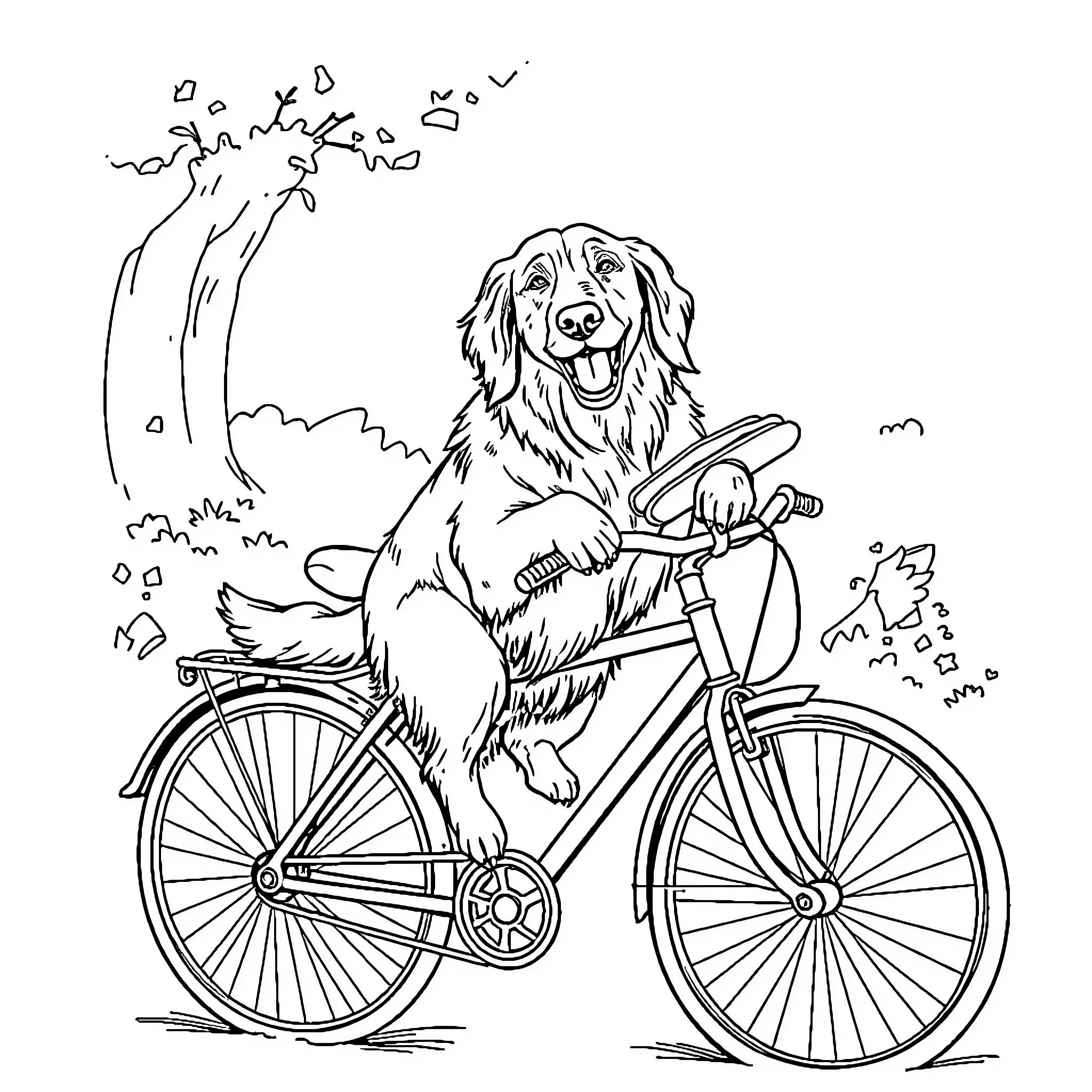 Golden Retriever riding a bicycle happily Coloring Page (free black-and-white line drawing printable PDF for all, from beginners to advanced learners, including children, teens, adults, and seniors)