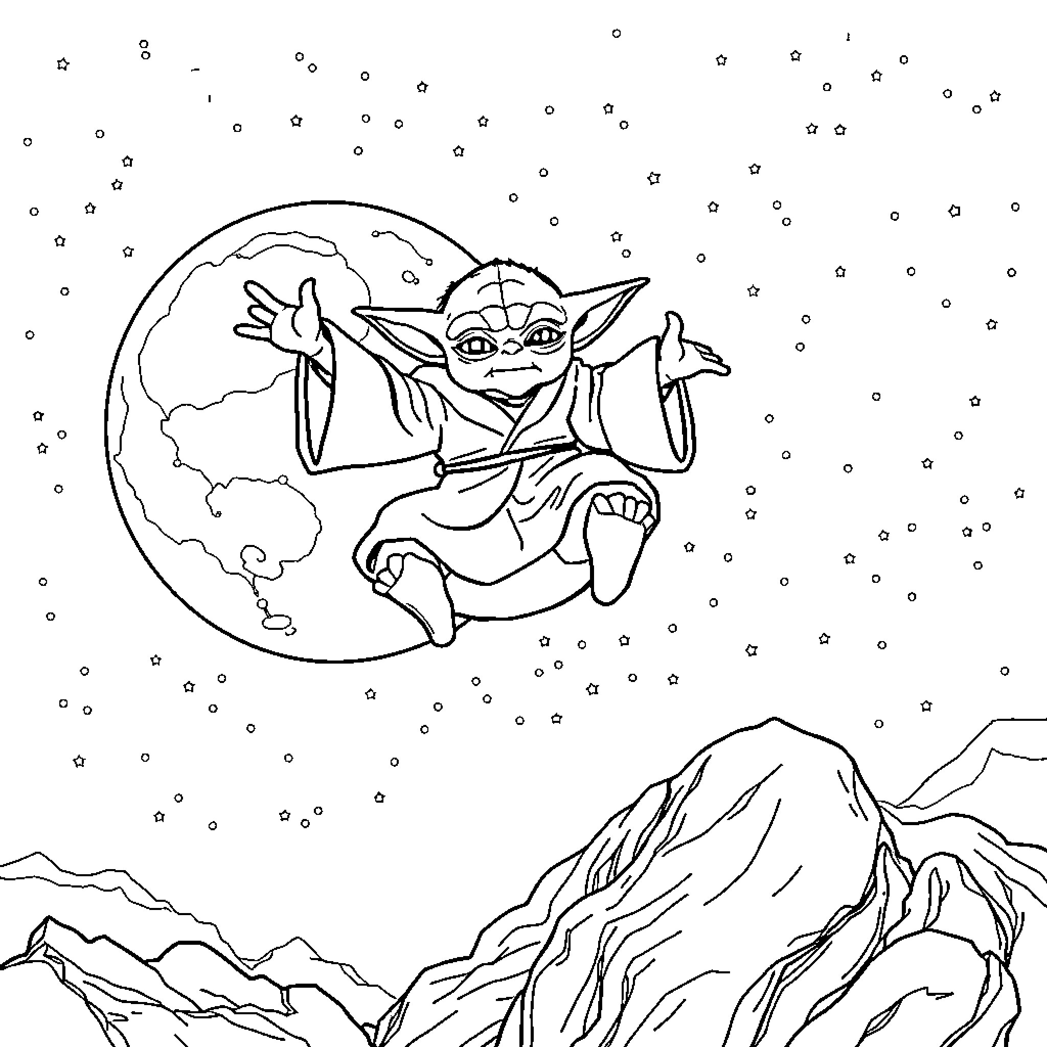 Yoda exploring the galaxy amid the stars Coloring Page (free black-and-white line drawing printable PDF for all, from beginners to advanced learners, including children, teens, adults, and seniors)