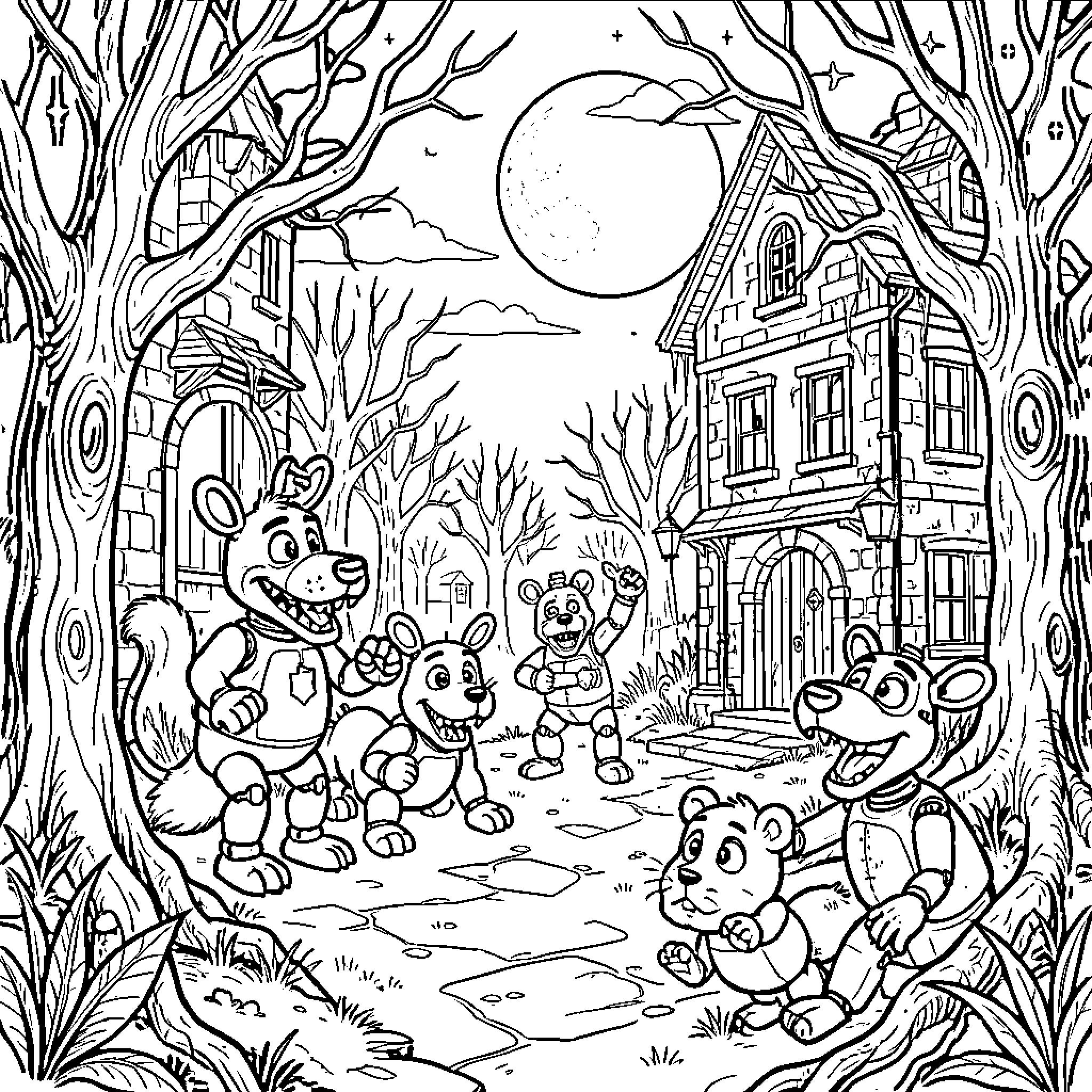 FNAF characters laughing and playing in a village Coloring Page (free black-and-white line drawing printable PDF for all, from beginners to advanced learners, including children, teens, adults, and seniors)