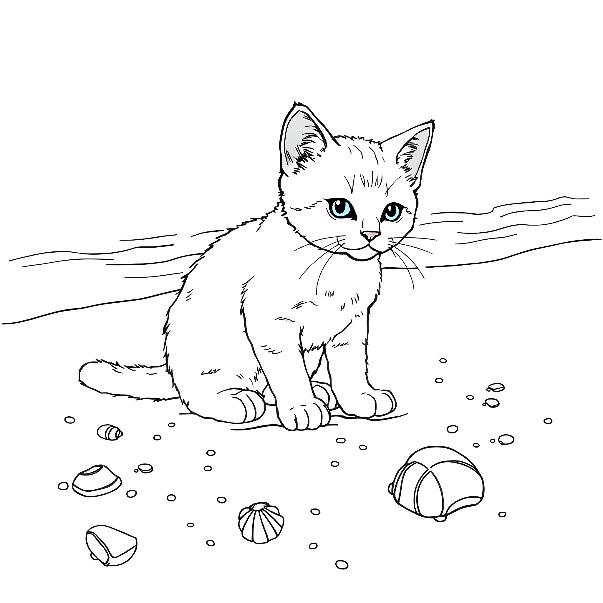 Cat exploring seashells on the beach Coloring Page (free black-and-white line drawing printable PDF for all, from beginners to advanced learners, including children, teens, adults, and seniors)