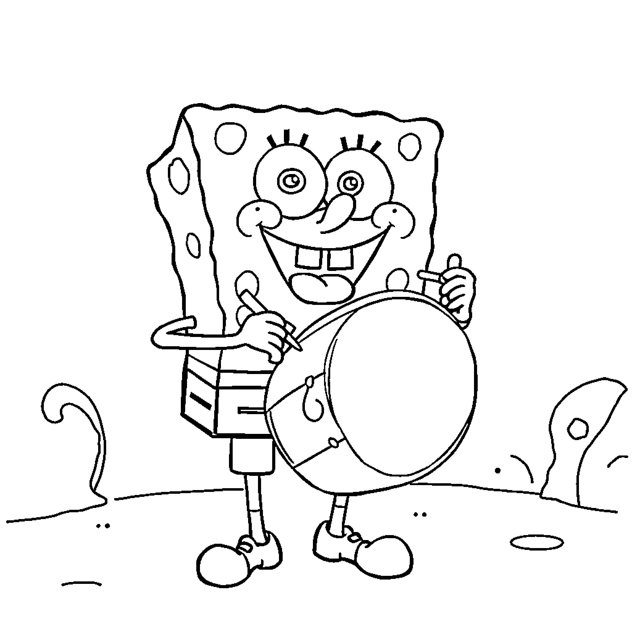 Spongebob playing drums cheerfully Coloring Page (free black-and-white line drawing printable PDF for all, from beginners to advanced learners, including children, teens, adults, and seniors)