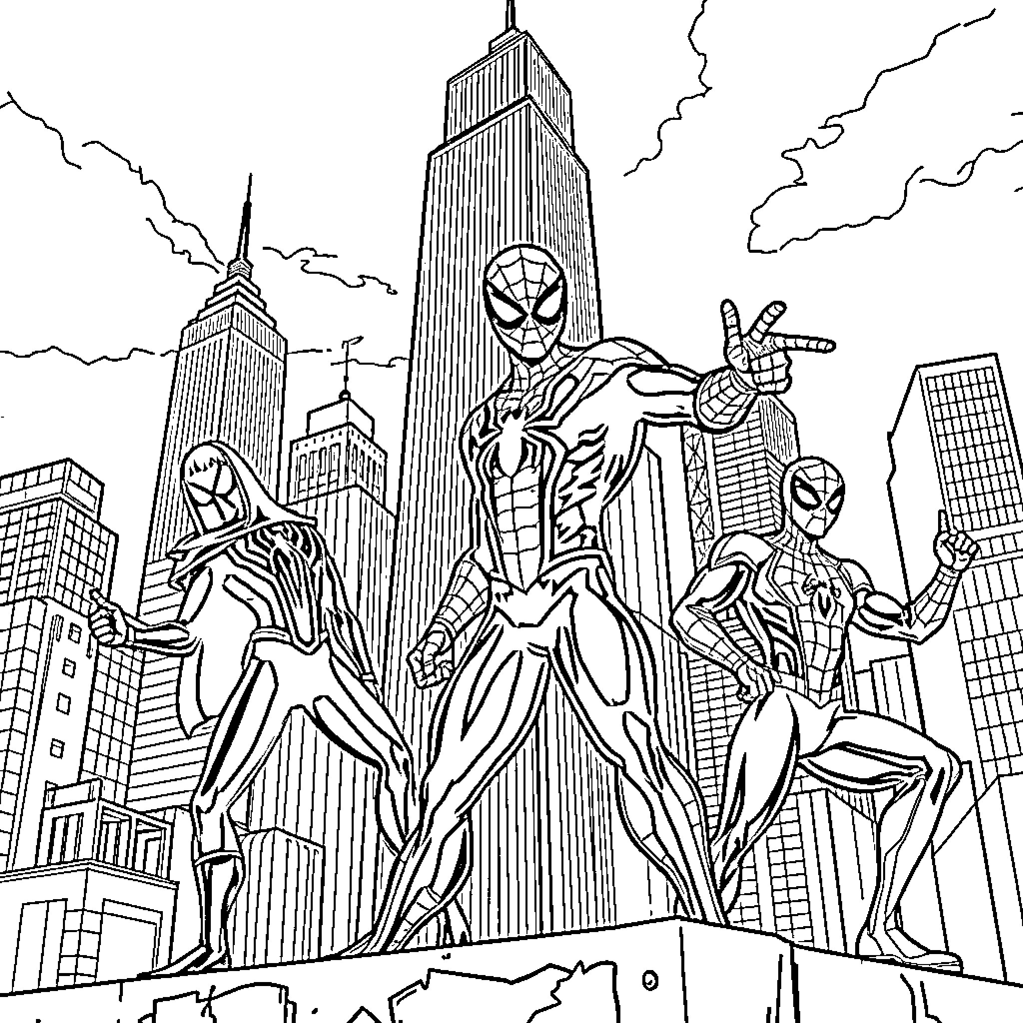 Spider-Heroes Saving the City Coloring Page (free black-and-white line drawing printable PDF for all, from beginners to advanced learners, including children, teens, adults, and seniors)
