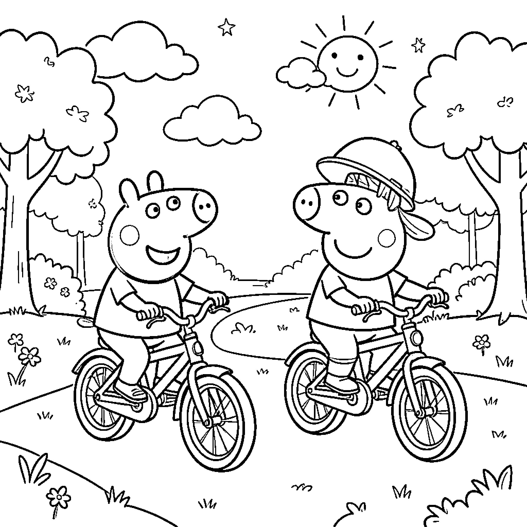 Peppa Pig and Friends Bike Ride in Nature Coloring Page (free black-and-white line drawing printable PDF for all, from beginners to advanced learners, including children, teens, adults, and seniors)