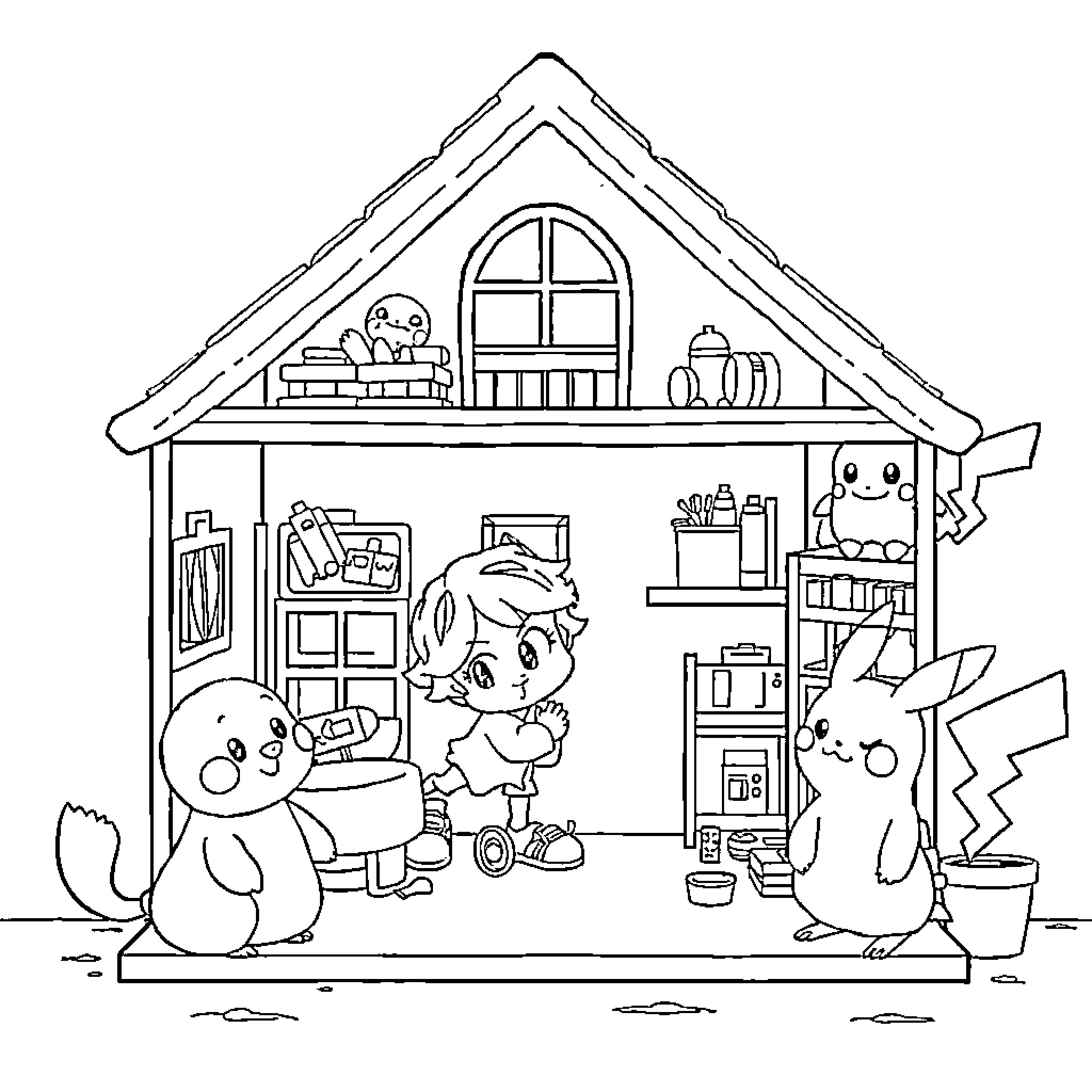 Dollhouse with cute characters engaging in activities Coloring Page (free black-and-white line drawing printable PDF for all, from beginners to advanced learners, including children, teens, adults, and seniors)