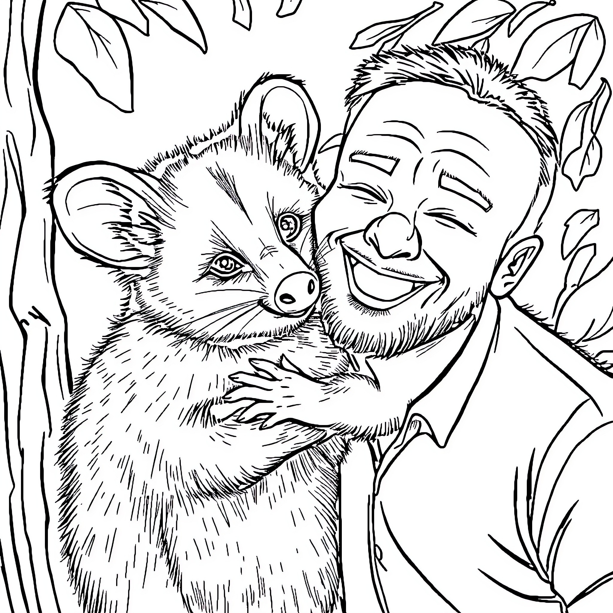Possum playing affectionately with smiling person Coloring Page (free black-and-white line drawing printable PDF for all, from beginners to advanced learners, including children, teens, adults, and seniors)