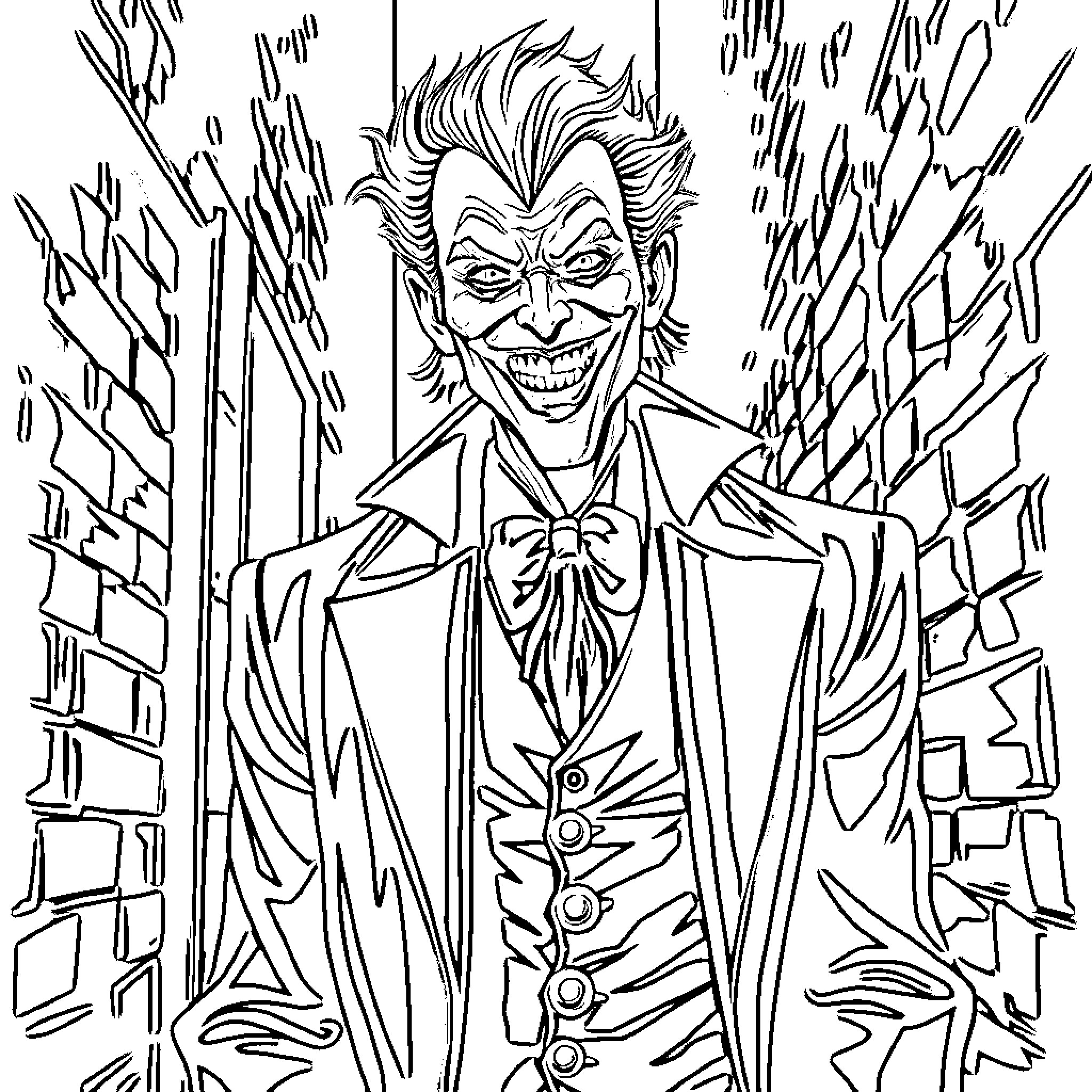 Joker's Chaotic Grin in Gotham's Shadows Coloring Page (free black-and-white line drawing printable PDF for all, from beginners to advanced learners, including children, teens, adults, and seniors)