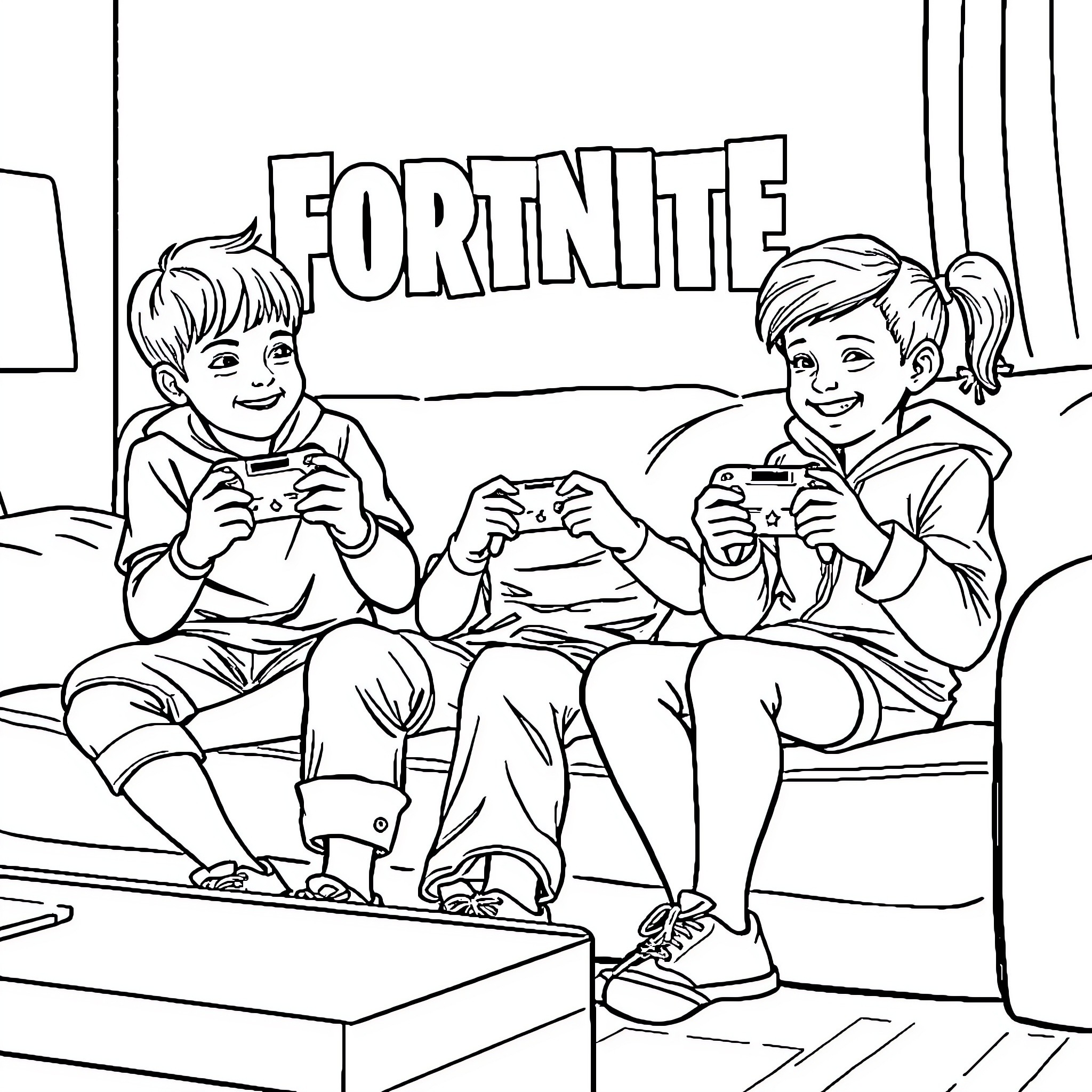 Kids enjoying Fortnite video game together Coloring Page (free black-and-white line drawing printable PDF for all, from beginners to advanced learners, including children, teens, adults, and seniors)