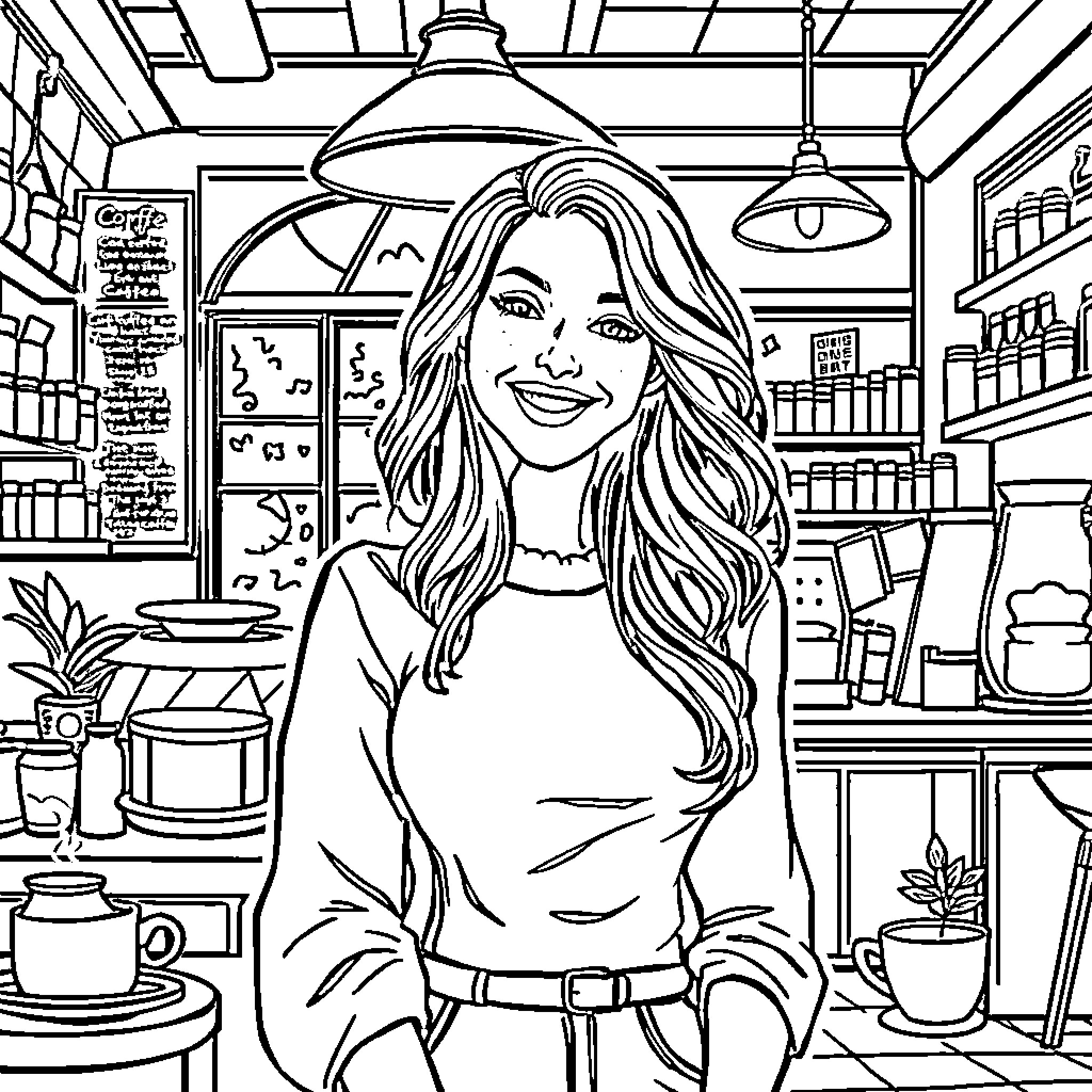 Rhea's Smile in a Cozy Coffee Shop Coloring Page (free black-and-white line drawing printable PDF for all, from beginners to advanced learners, including children, teens, adults, and seniors)