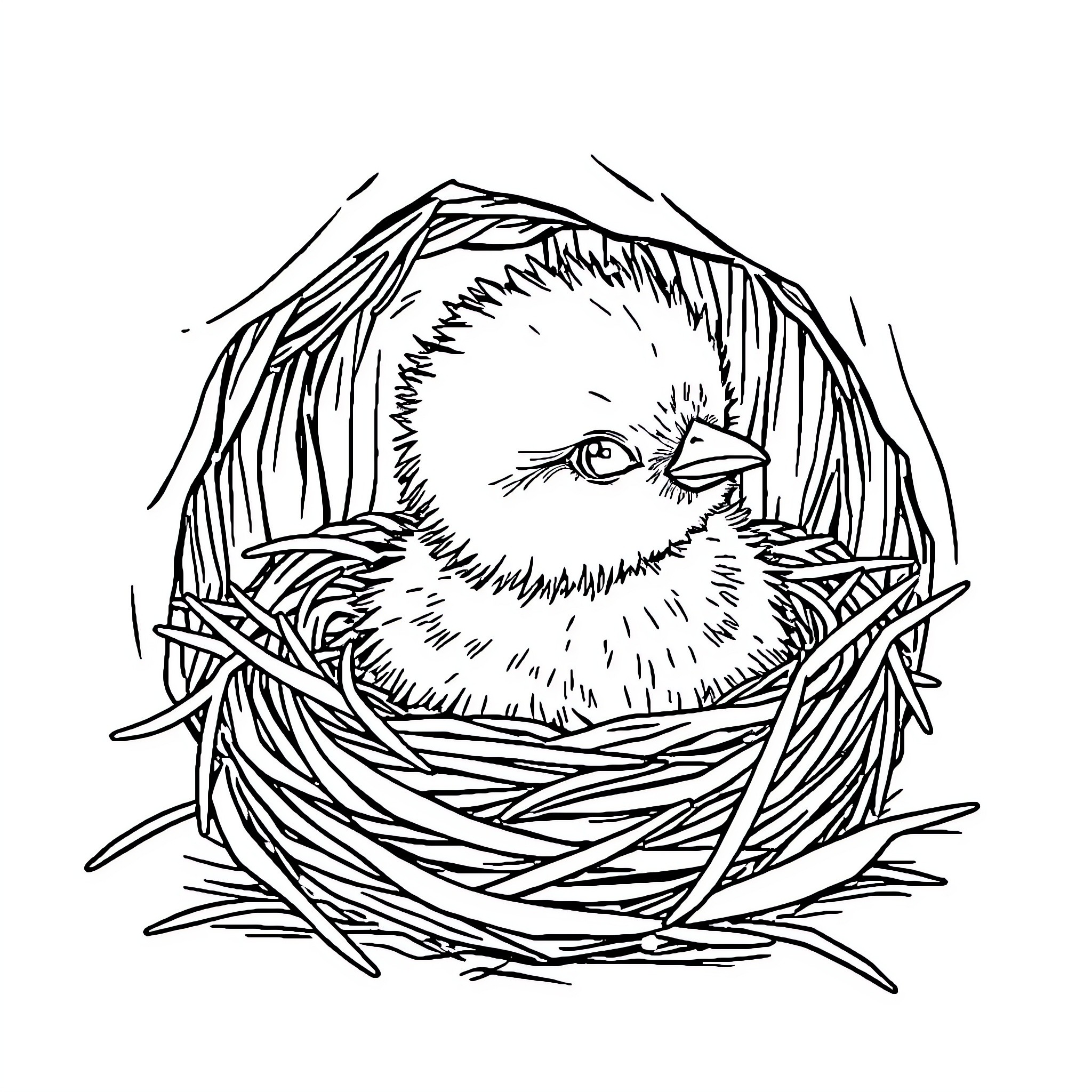 Chick nestled cozily in its cozy nest Coloring Page (free black-and-white line drawing printable PDF for all, from beginners to advanced learners, including children, teens, adults, and seniors)