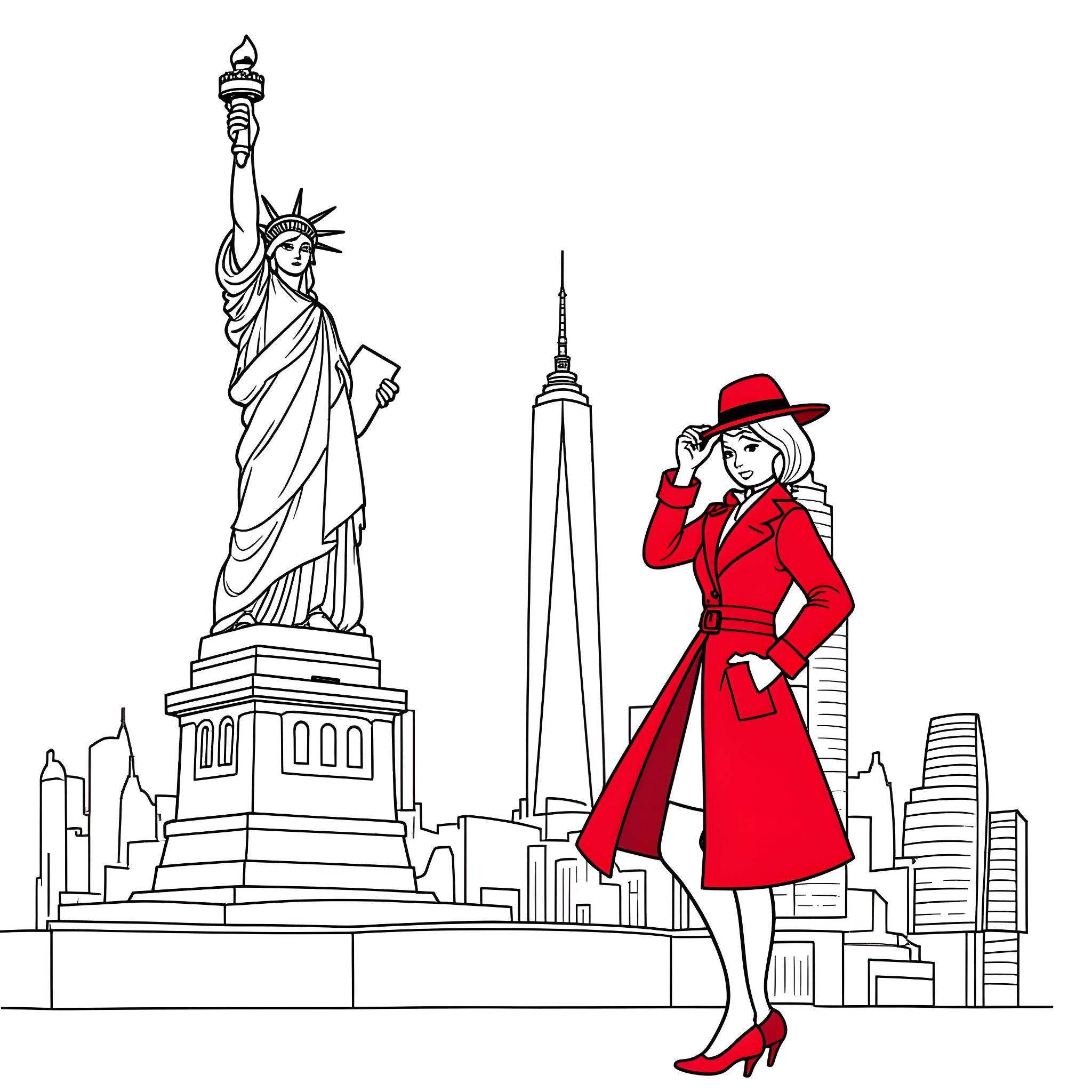Carmen Sandiego in New York City adventure Coloring Page (free black-and-white line drawing printable PDF for all, from beginners to advanced learners, including children, teens, adults, and seniors)