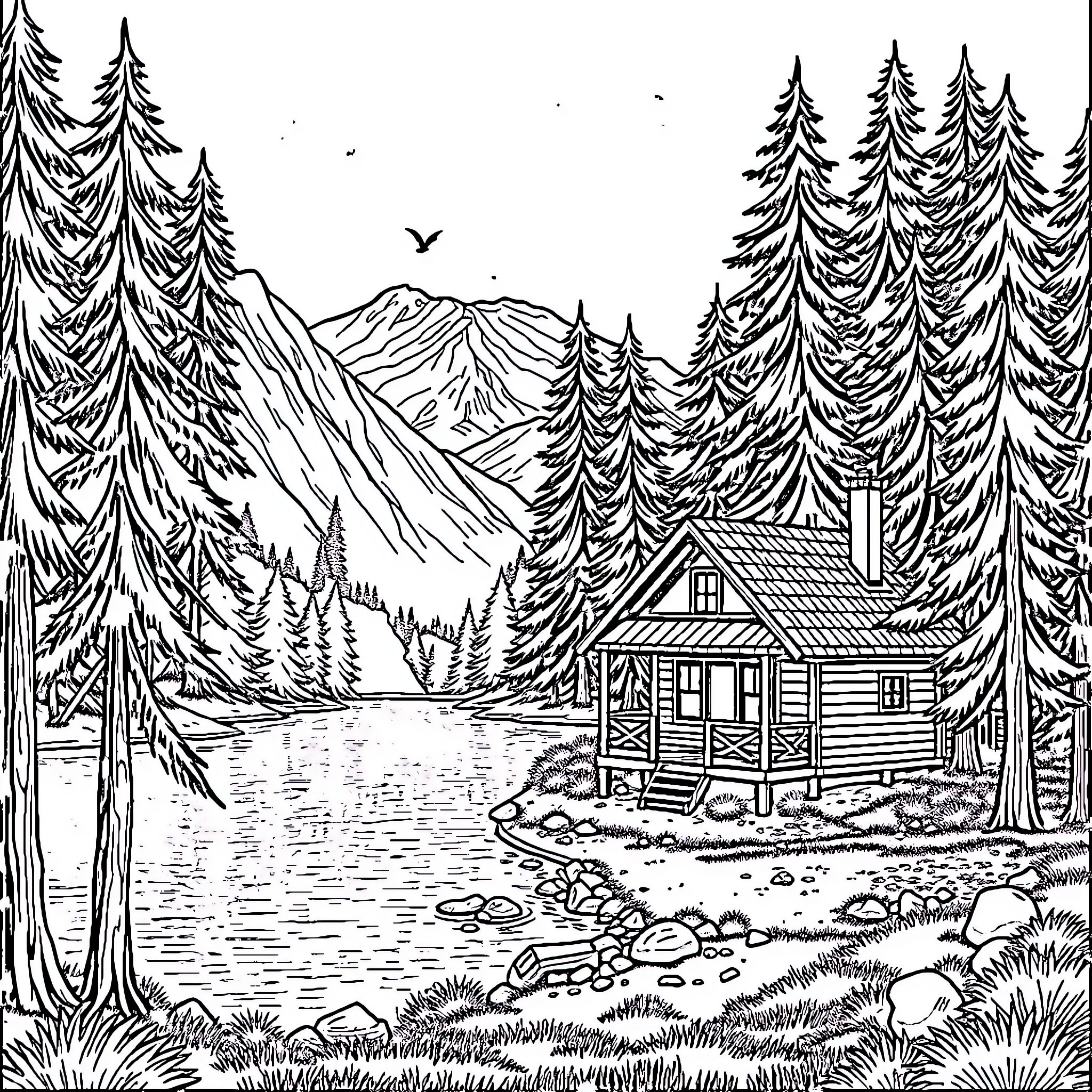 Cabin in the Serene Forest Landscape Coloring Page (free black-and-white line drawing printable PDF for all, from beginners to advanced learners, including children, teens, adults, and seniors)
