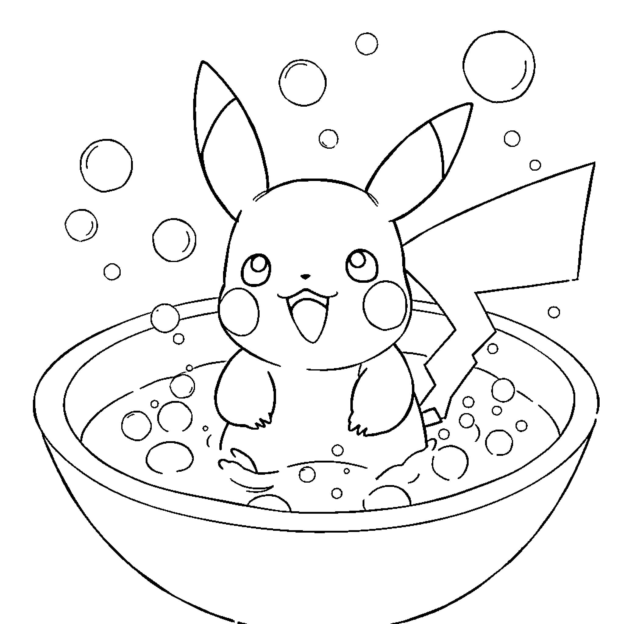 Pikachu enjoying a bubbly bath Coloring Page (free black-and-white line drawing printable PDF for all, from beginners to advanced learners, including children, teens, adults, and seniors)