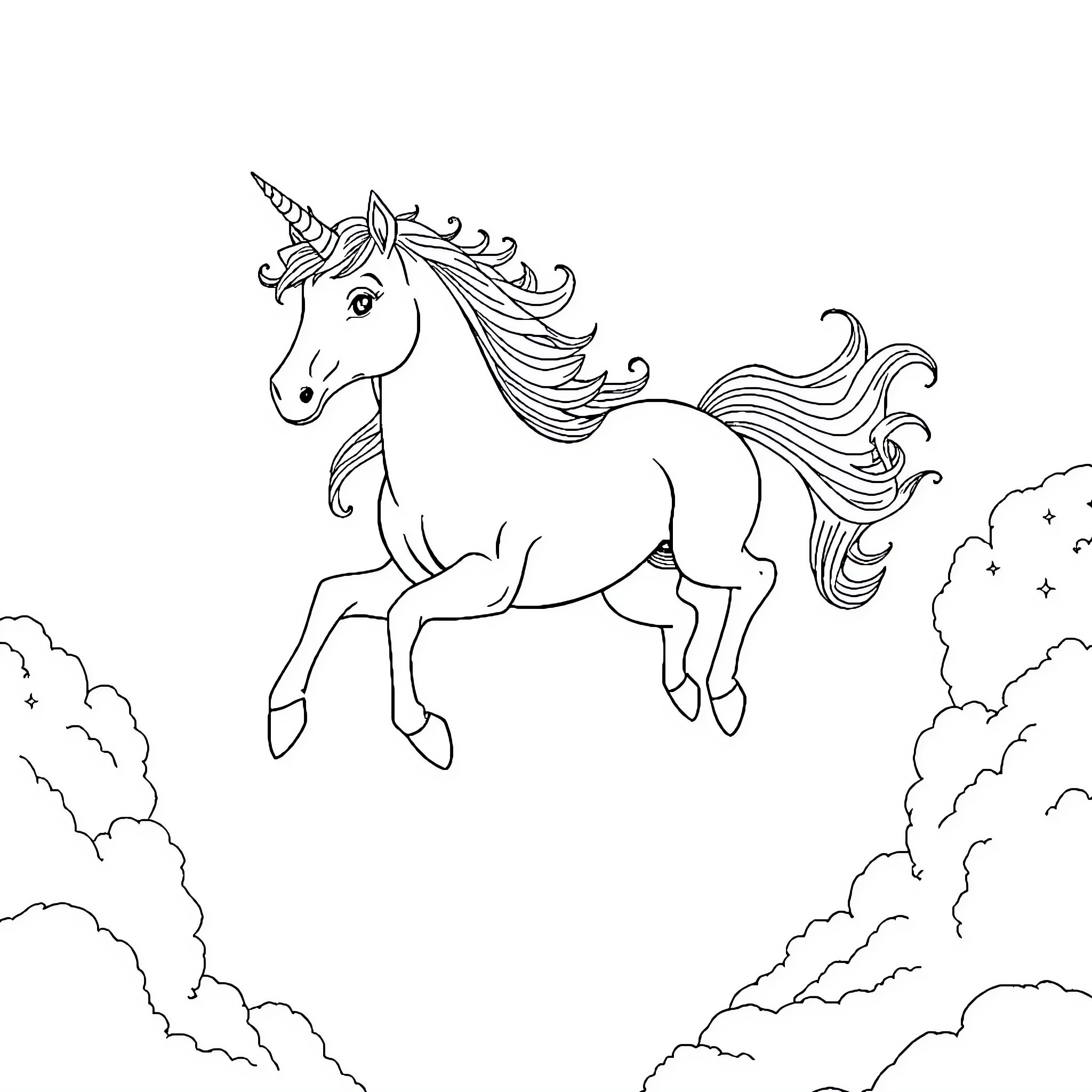 Unicorn galloping through the clouds Coloring Page (free black-and-white line drawing printable PDF for all, from beginners to advanced learners, including children, teens, adults, and seniors)