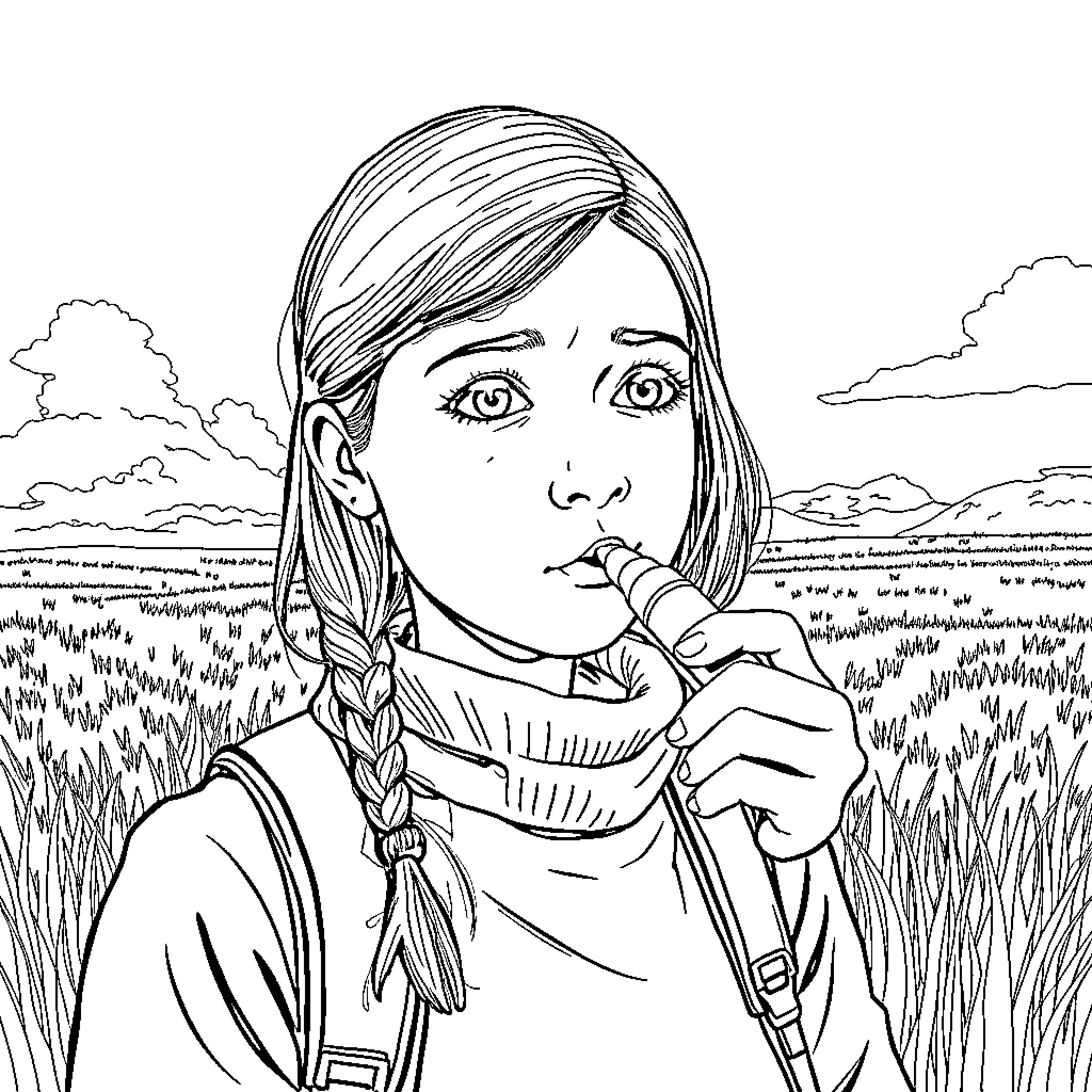 Greta Thunberg in a contemplative outdoor scene Coloring Page (free black-and-white line drawing printable PDF for all, from beginners to advanced learners, including children, teens, adults, and seniors)