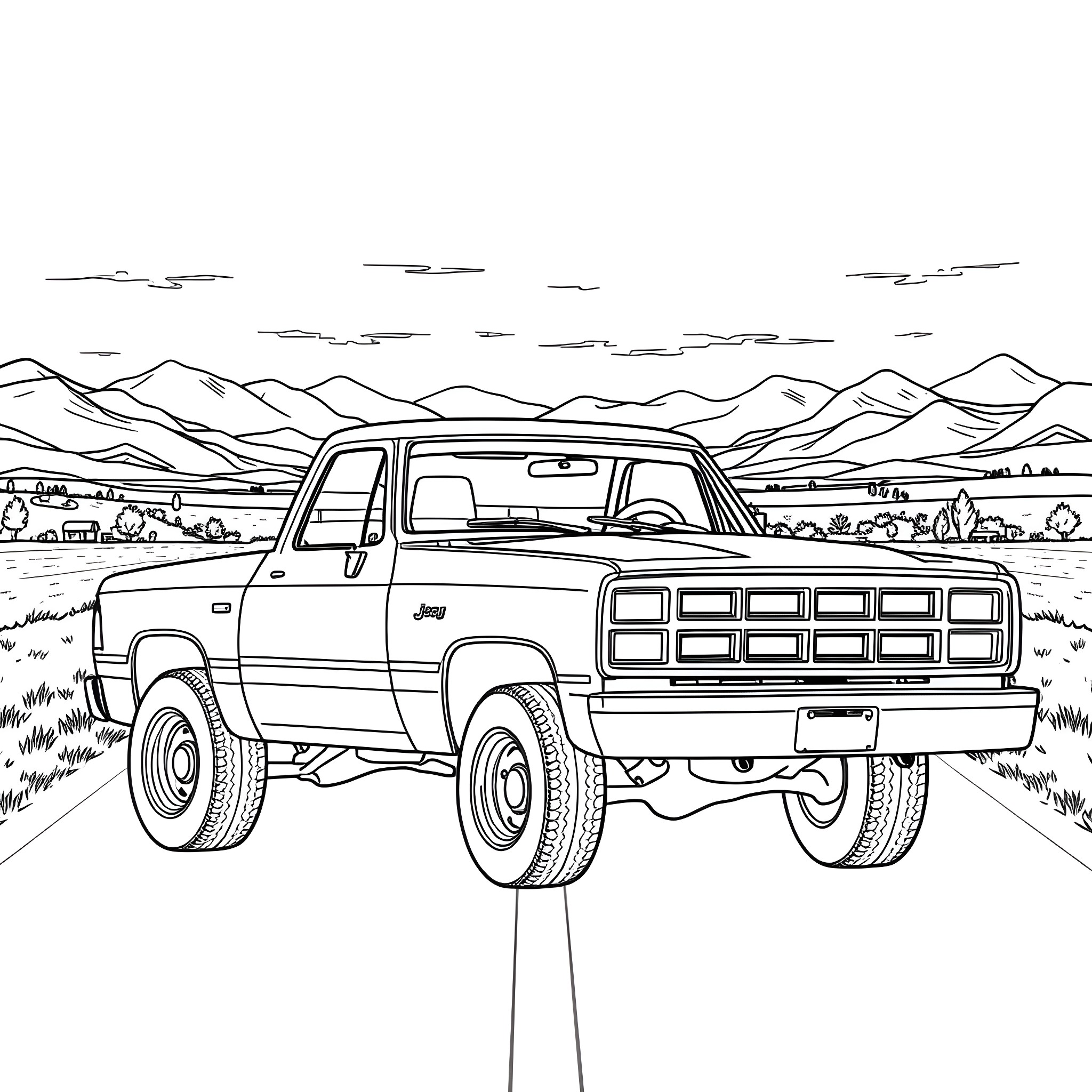 Ram truck off-roading in the mountains Coloring Page (free black-and-white line drawing printable PDF for all, from beginners to advanced learners, including children, teens, adults, and seniors)