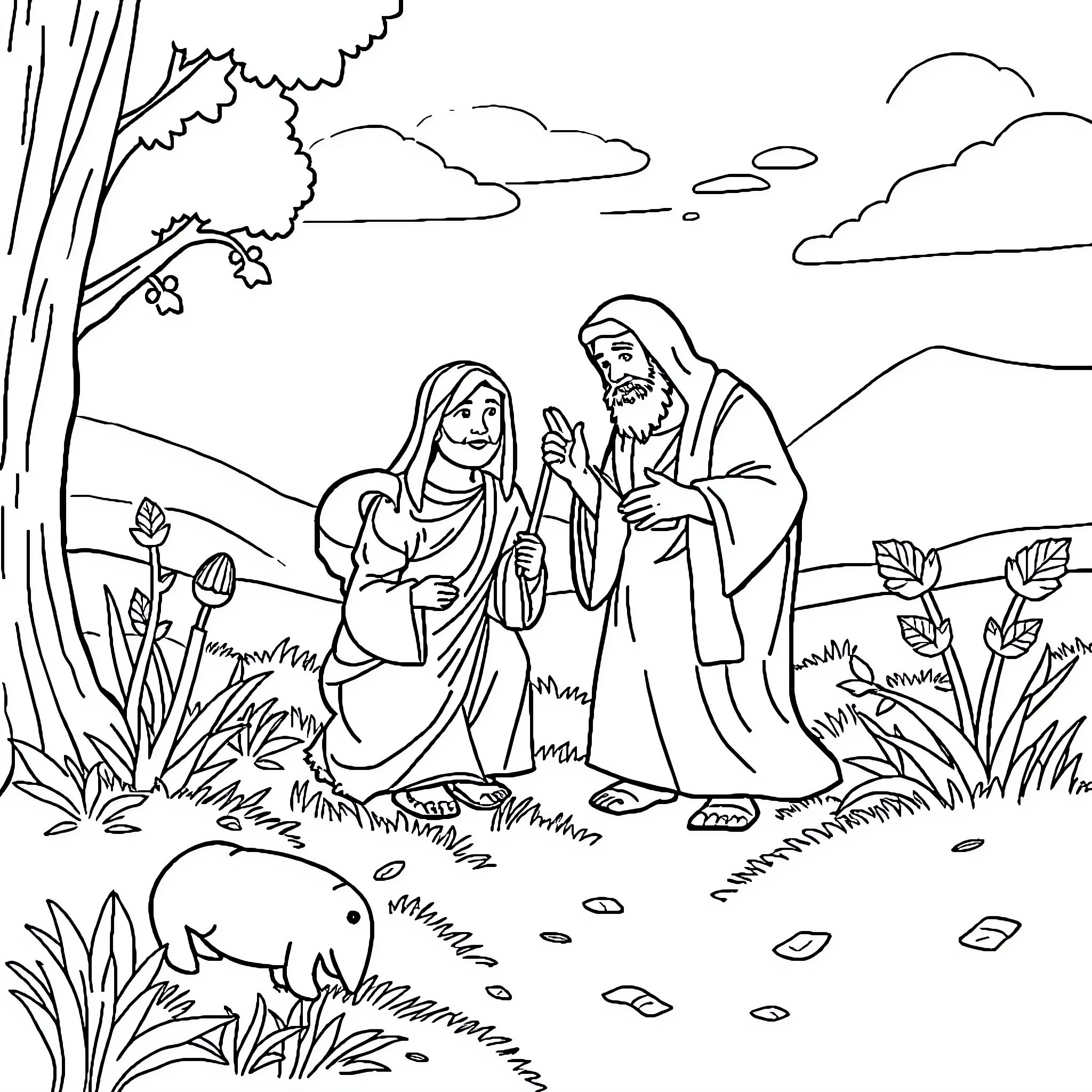 Bible Characters in a Pastoral Scene Coloring Page (free black-and-white line drawing printable PDF for all, from beginners to advanced learners, including children, teens, adults, and seniors)