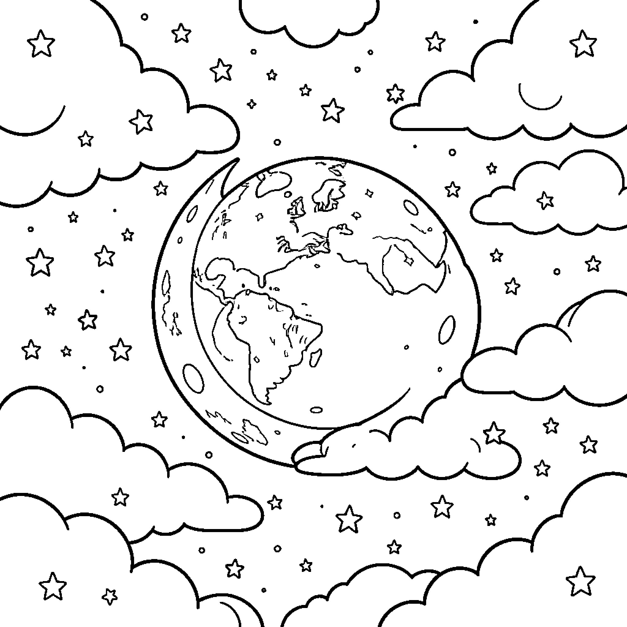 Moon and Earth floating among clouds and stars Coloring Page (free black-and-white line drawing printable PDF for all, from beginners to advanced learners, including children, teens, adults, and seniors)