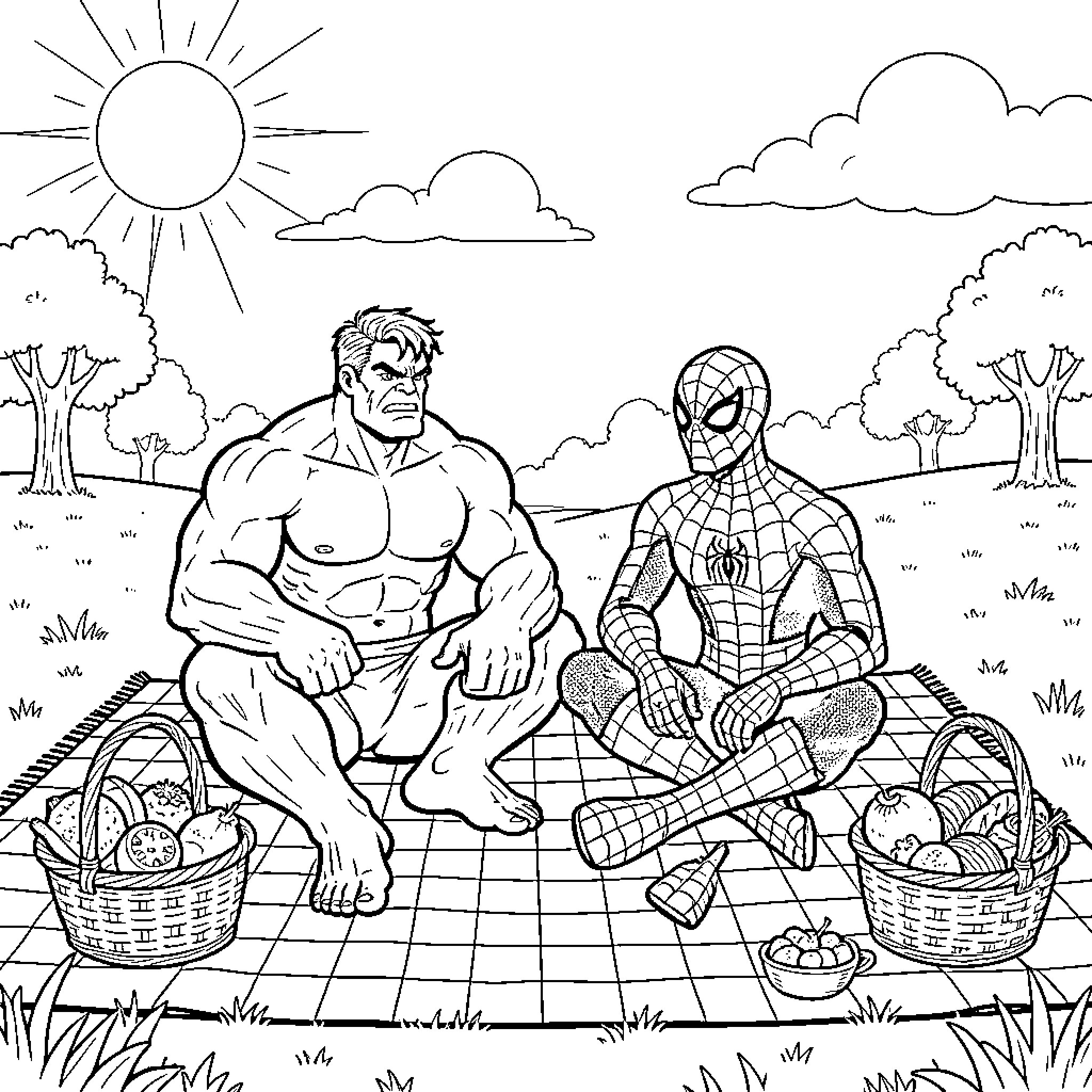 Hulk and Spider-Man having a picnic outdoors Coloring Page (free black-and-white line drawing printable PDF for all, from beginners to advanced learners, including children, teens, adults, and seniors)
