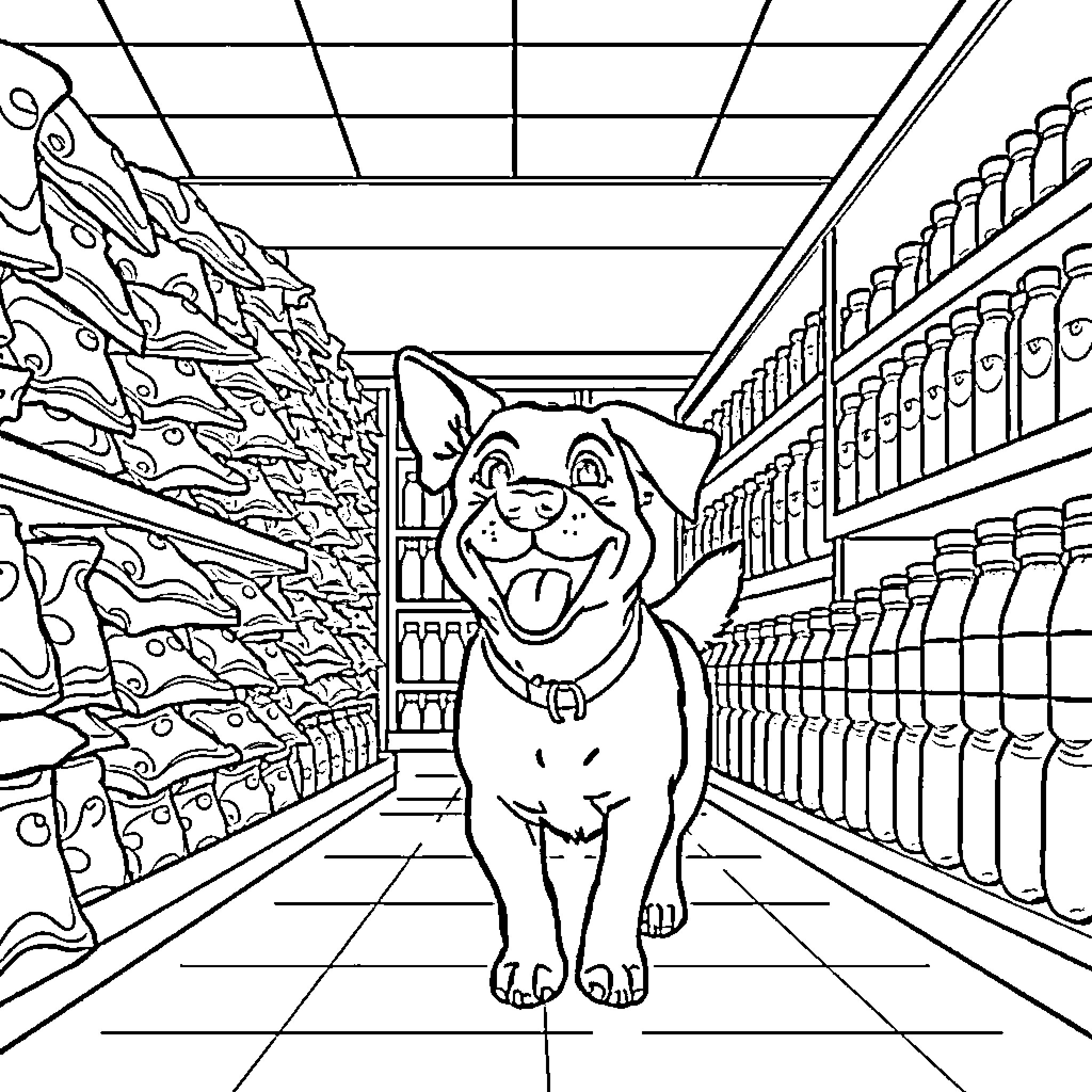 Dog exploring a grocery store aisle Coloring Page (free black-and-white line drawing printable PDF for all, from beginners to advanced learners, including children, teens, adults, and seniors)