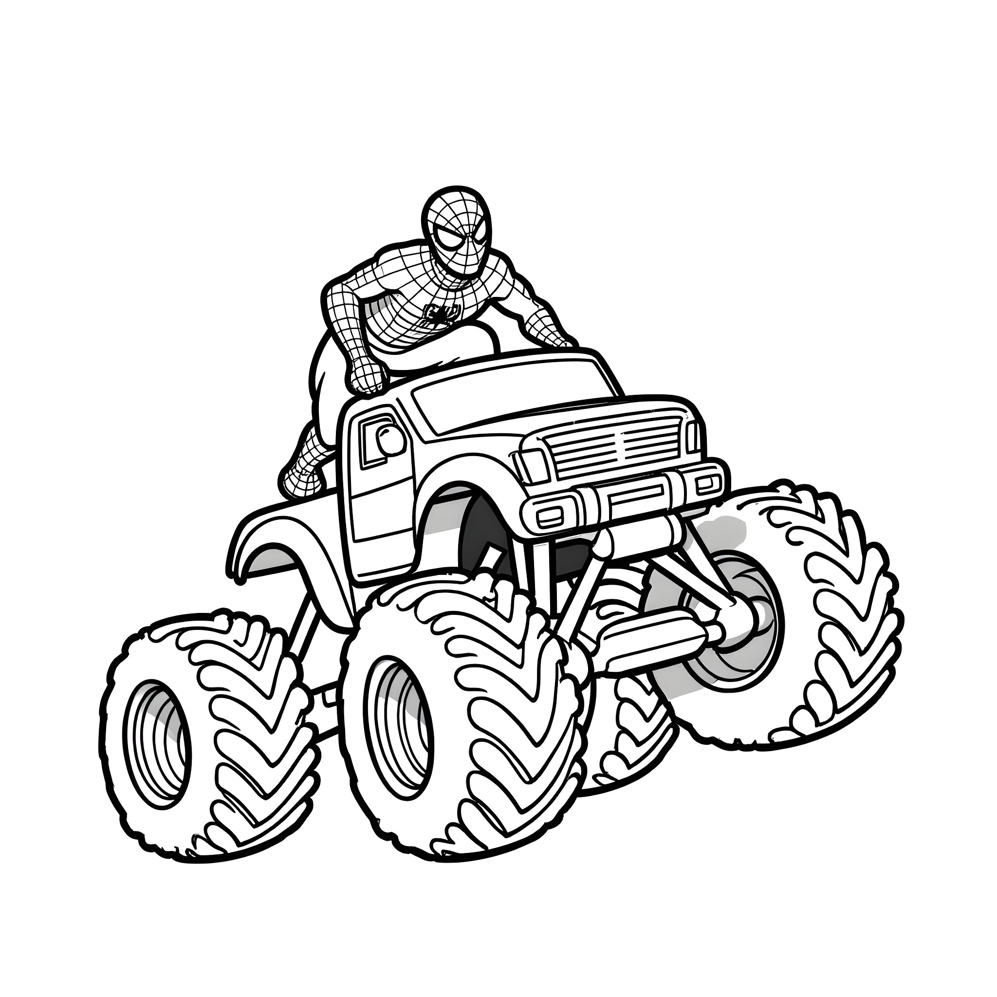 Spider-Man driving a monster truck Coloring Page (free black-and-white line drawing printable PDF for all, from beginners to advanced learners, including children, teens, adults, and seniors)