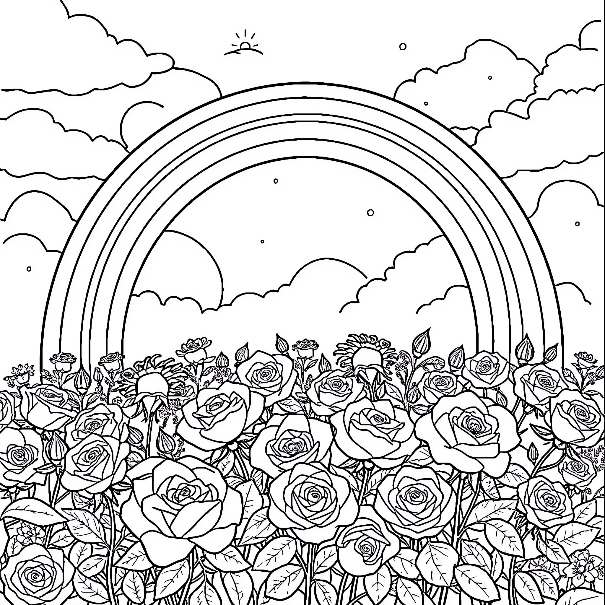 Rainbow Flowers Blooming in the Meadow Coloring Page (free black-and-white line drawing printable PDF for all, from beginners to advanced learners, including children, teens, adults, and seniors)