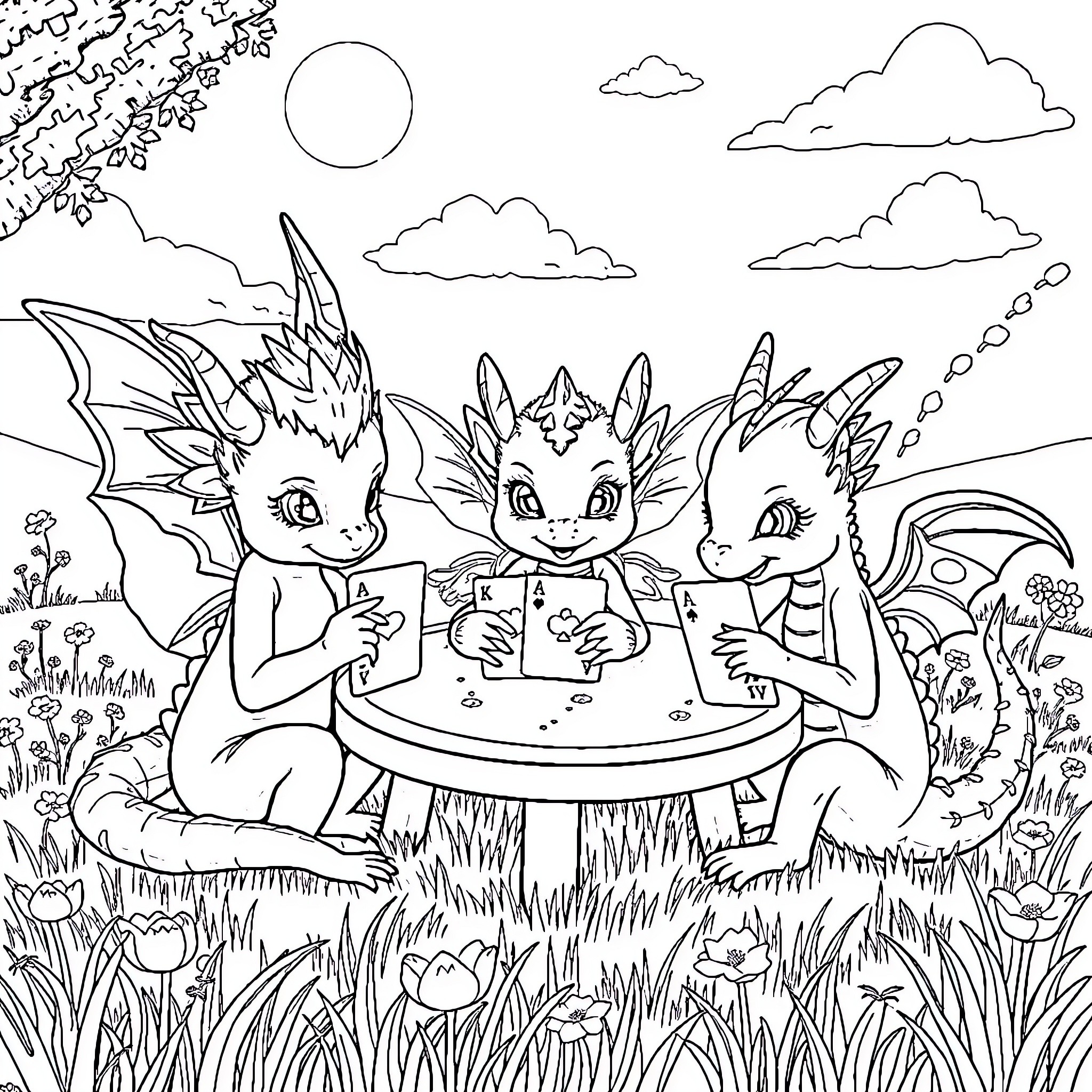 Mythical Creatures Sharing a Storybook in a Fantastical Meadow Coloring Page (free black-and-white line drawing printable PDF for all, from beginners to advanced learners, including children, teens, adults, and seniors)