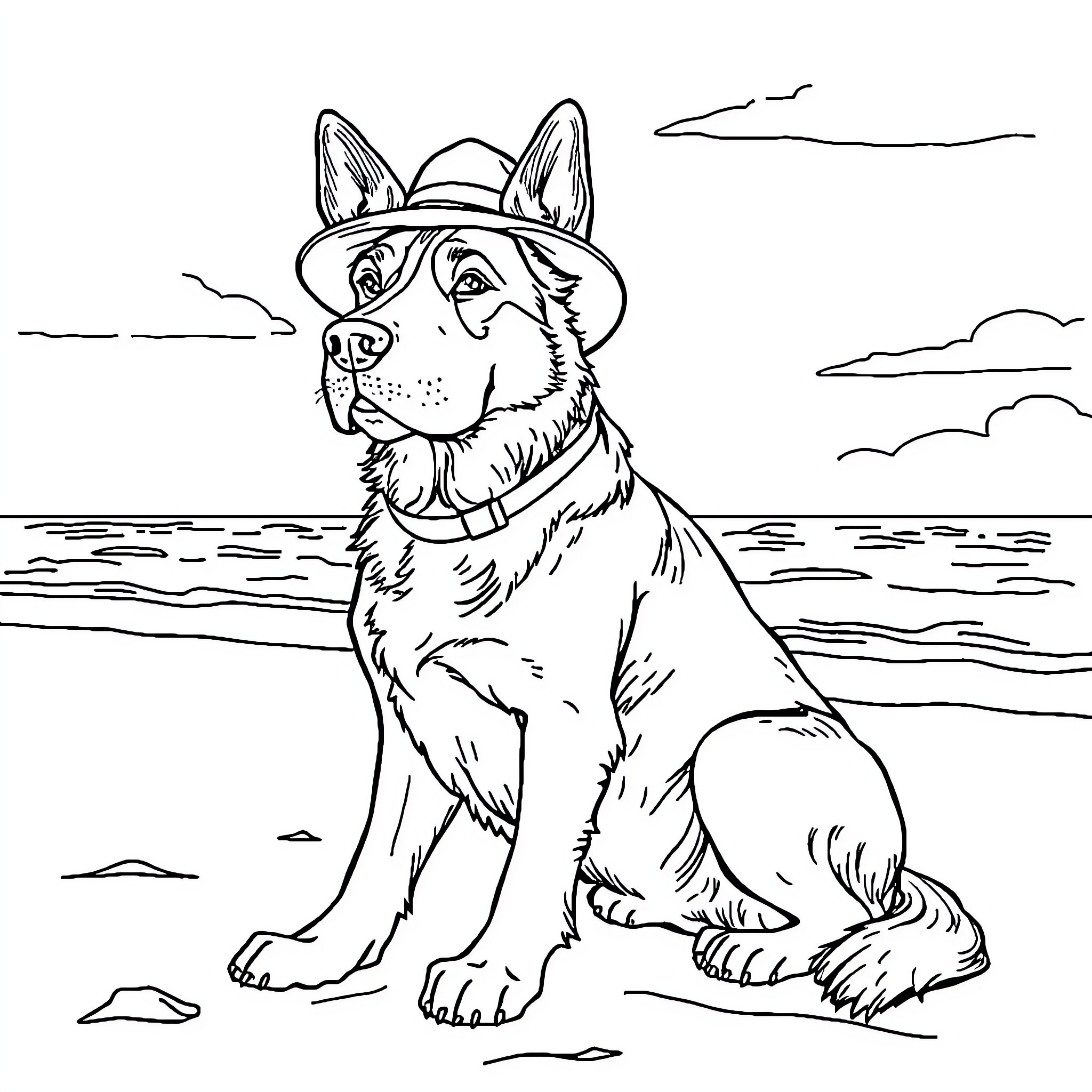 Dogue Allemand enjoying the beach in a stylish hat Coloring Page (free black-and-white line drawing printable PDF for all, from beginners to advanced learners, including children, teens, adults, and seniors)
