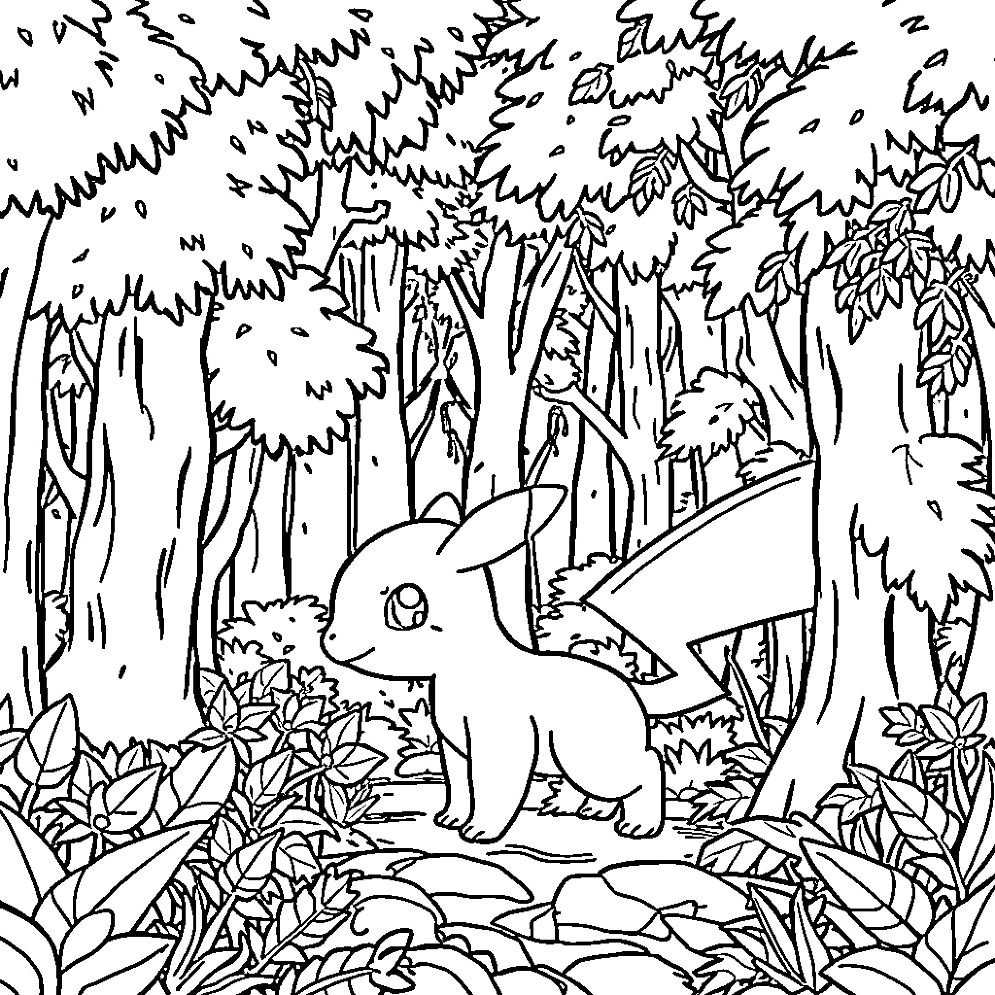 Pokémon exploring the lush forest landscape Coloring Page (free black-and-white line drawing printable PDF for all, from beginners to advanced learners, including children, teens, adults, and seniors)