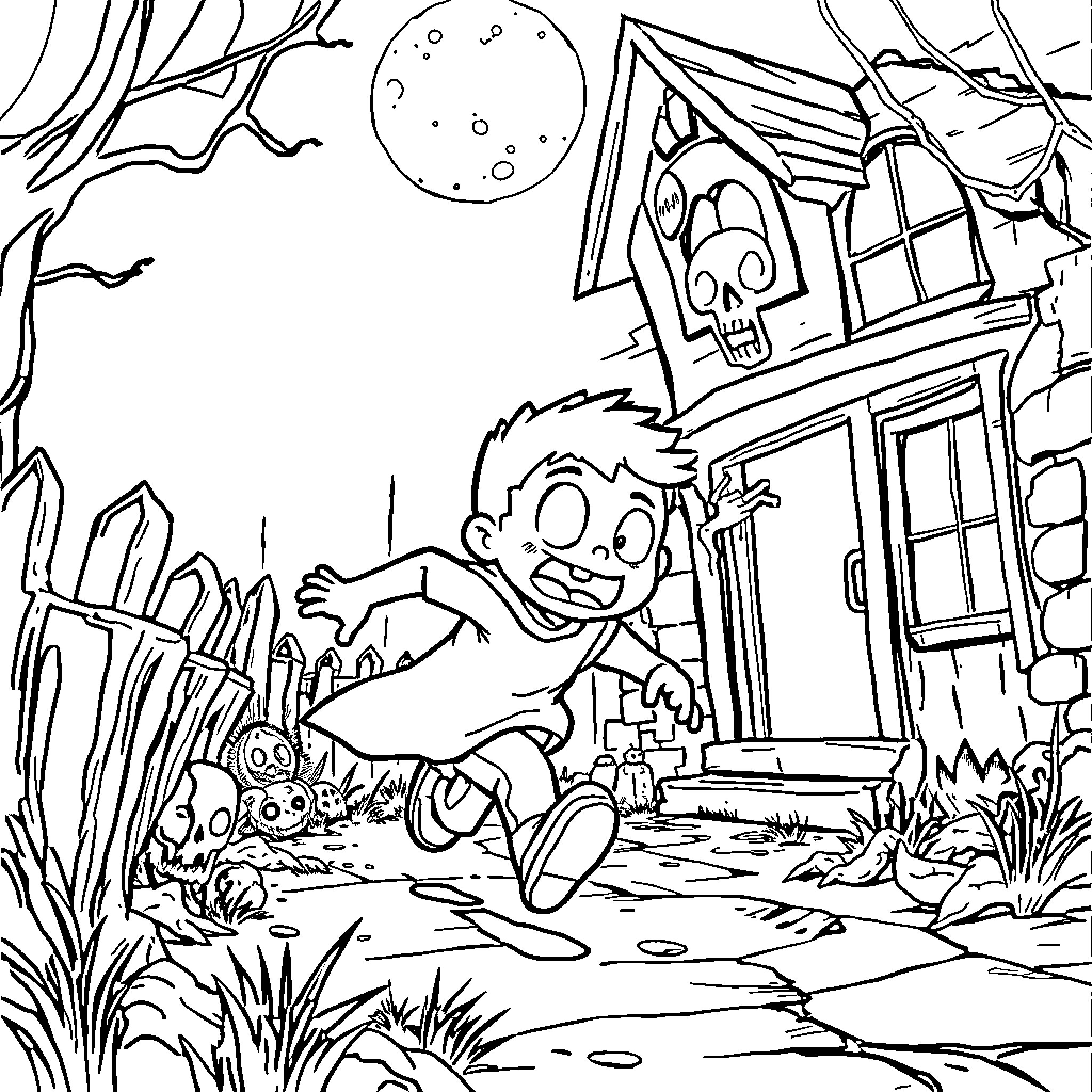 Blue Adventures in the Spooky Backyard Coloring Page (free black-and-white line drawing printable PDF for all, from beginners to advanced learners, including children, teens, adults, and seniors)