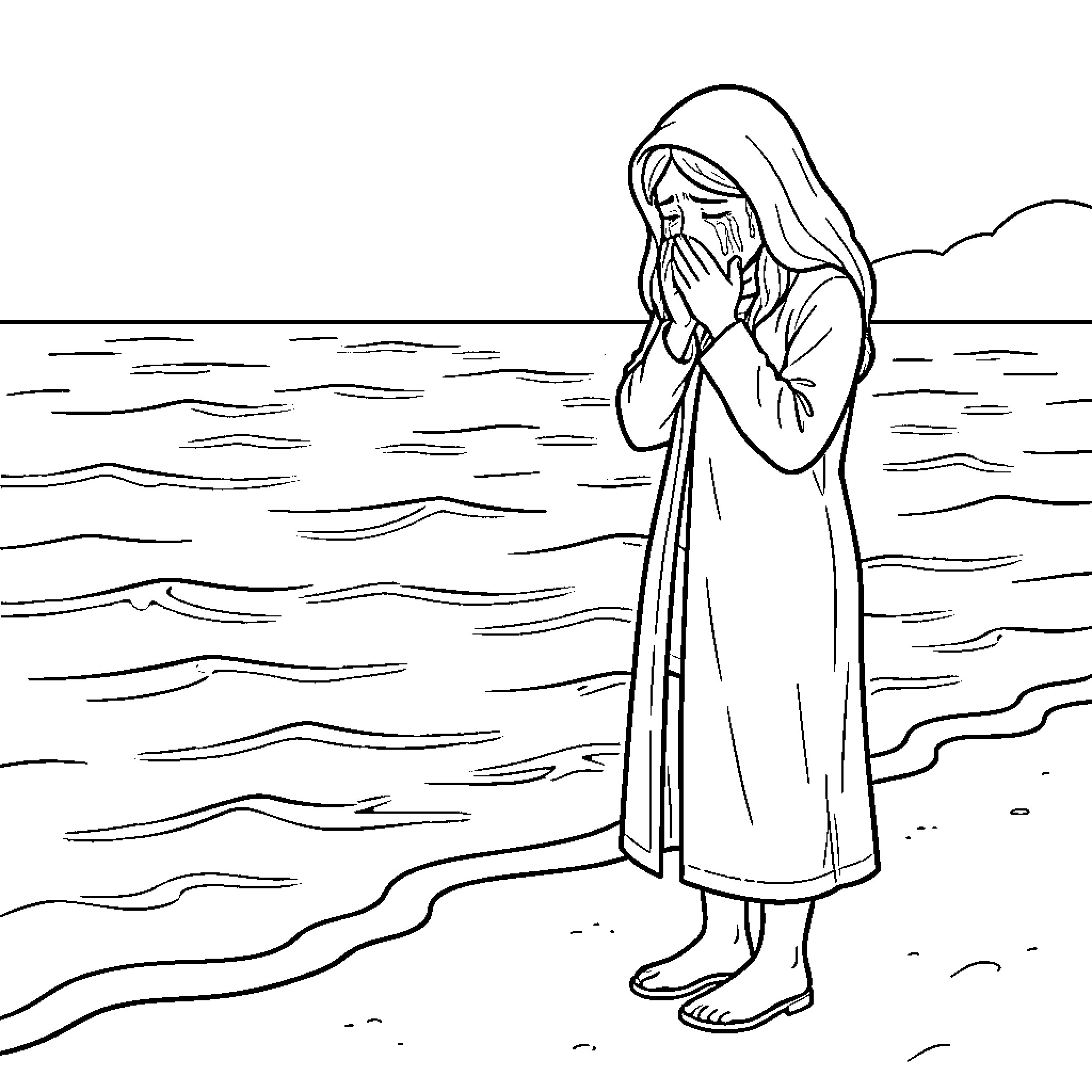 Woman in distress by the ocean Coloring Page (free black-and-white line drawing printable PDF for all, from beginners to advanced learners, including children, teens, adults, and seniors)