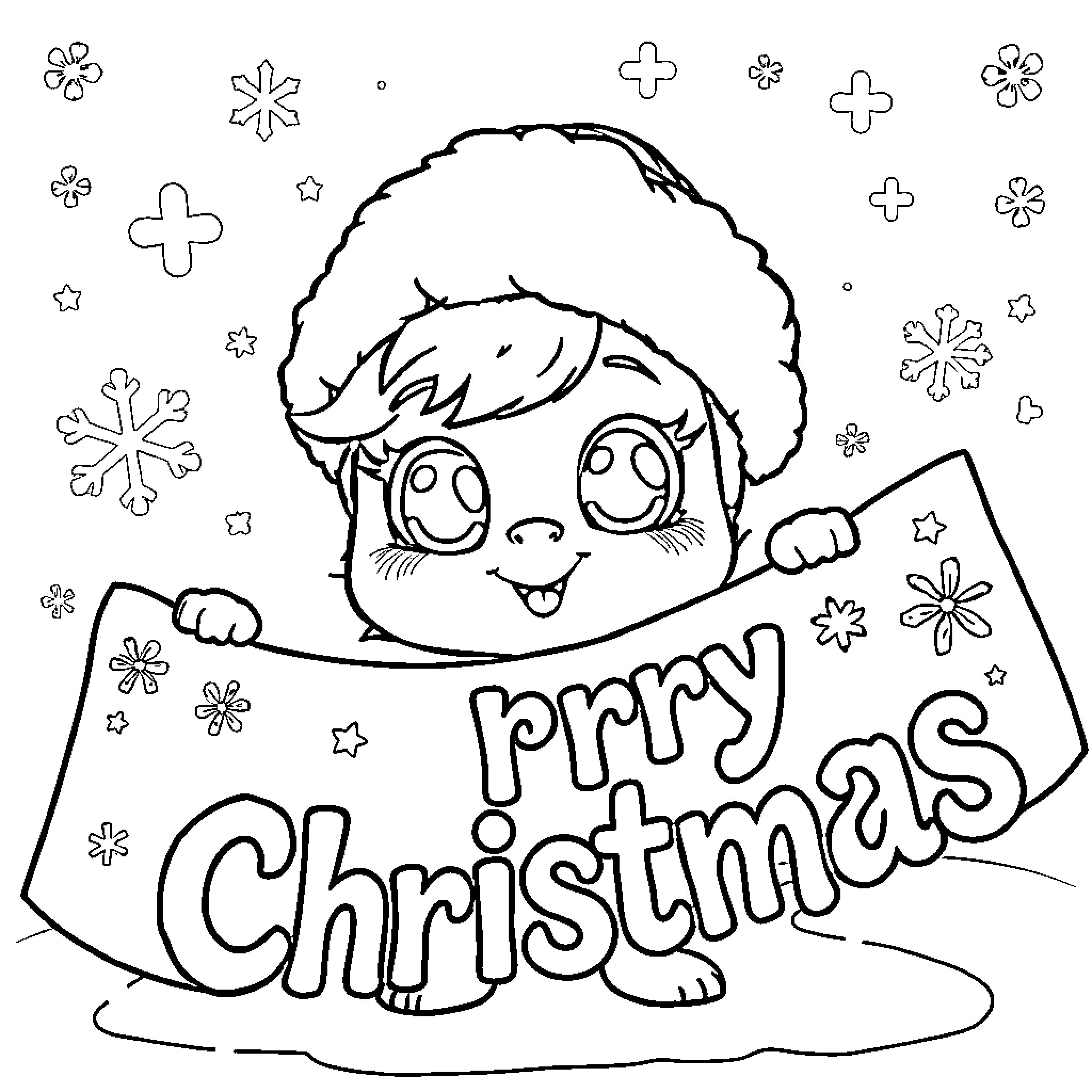 Character holding 'Merry Christmas' sign with festive decorations Coloring Page (free black-and-white line drawing printable PDF for all, from beginners to advanced learners, including children, teens, adults, and seniors)