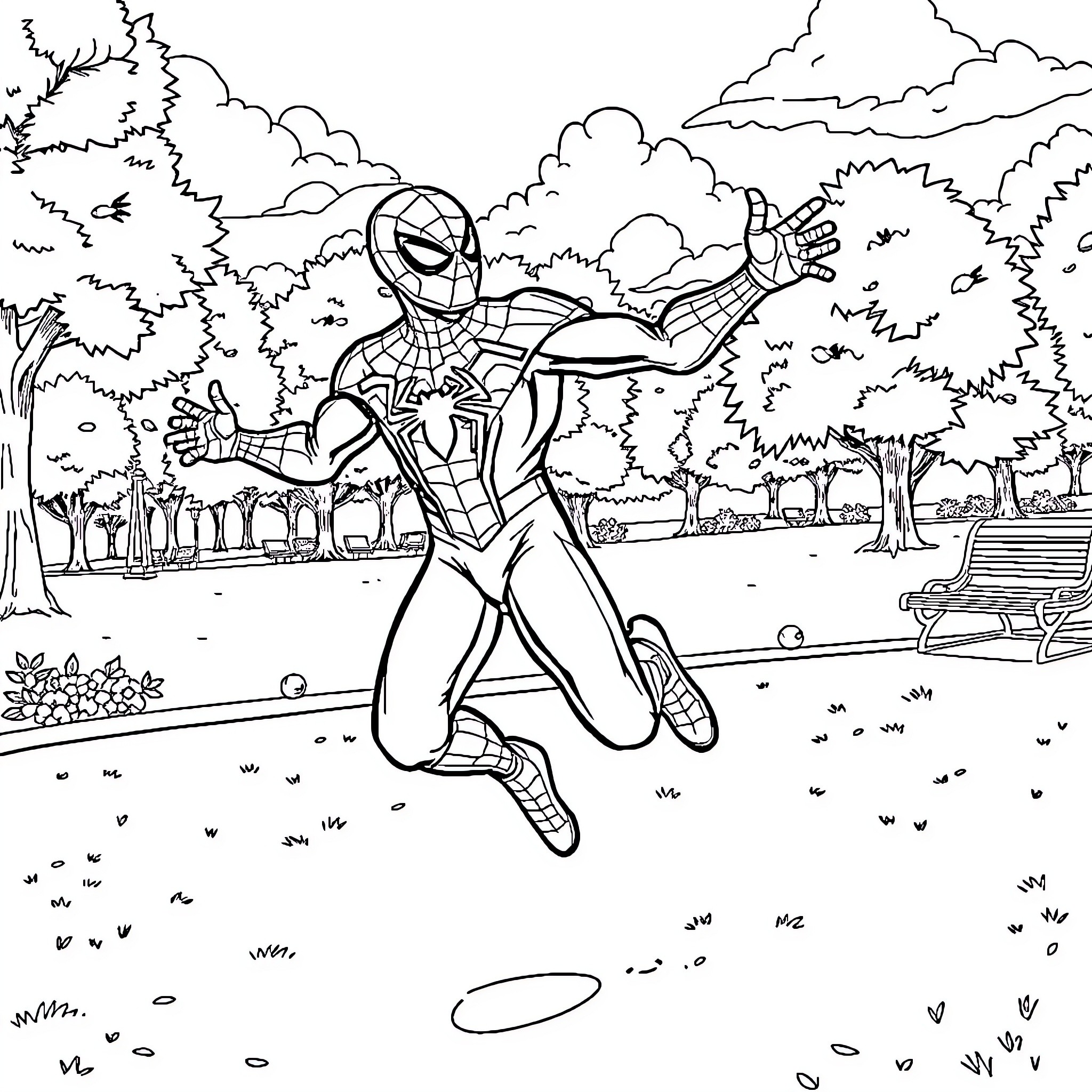 Spider-Man swinging through a park Coloring Page (free black-and-white line drawing printable PDF for all, from beginners to advanced learners, including children, teens, adults, and seniors)