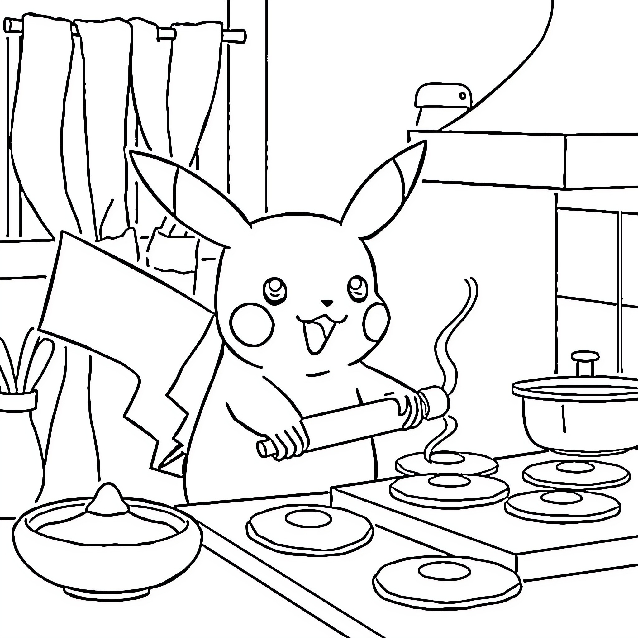 Pikachu cooking up a storm in the kitchen Coloring Page (free black-and-white line drawing printable PDF for all, from beginners to advanced learners, including children, teens, adults, and seniors)