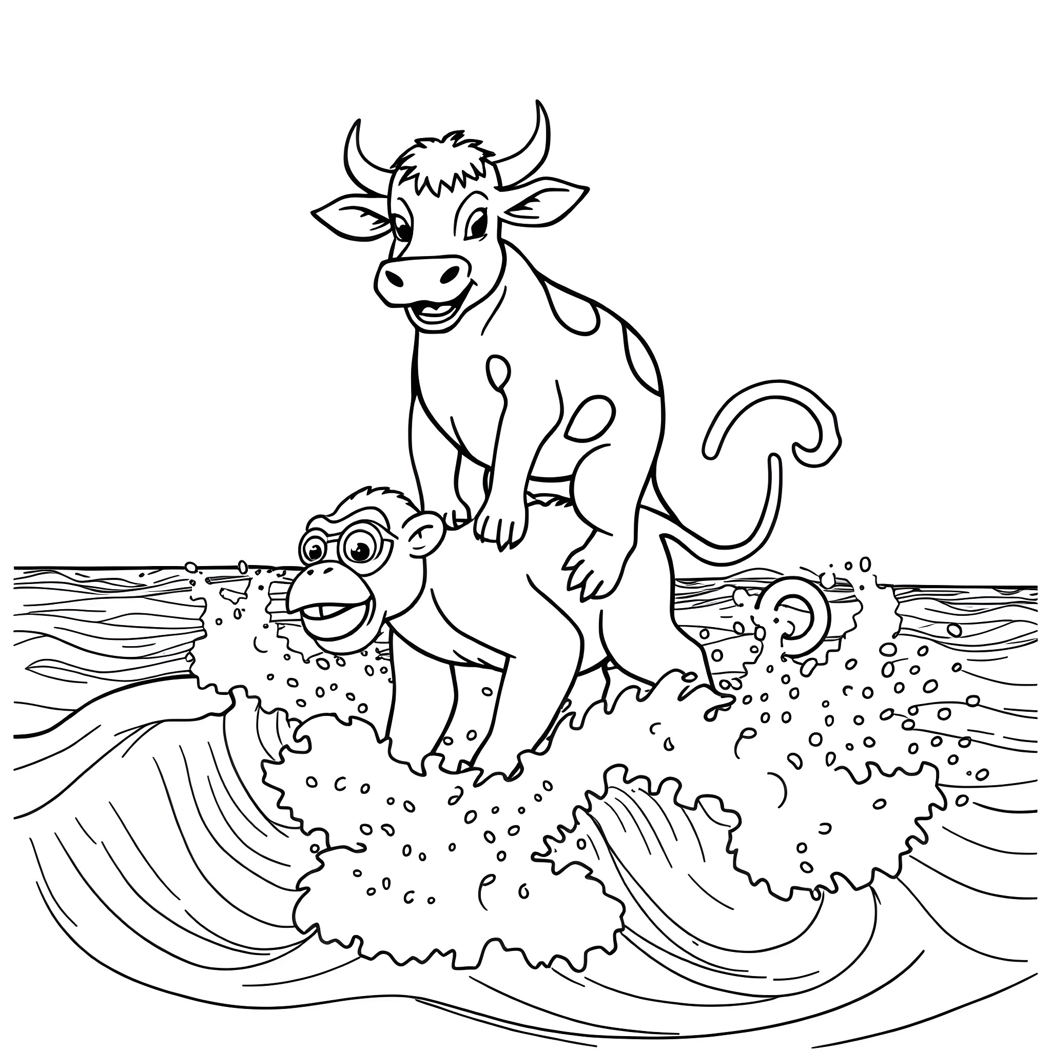 Cow playing joyfully in the waves Coloring Page (free black-and-white line drawing printable PDF for all, from beginners to advanced learners, including children, teens, adults, and seniors)
