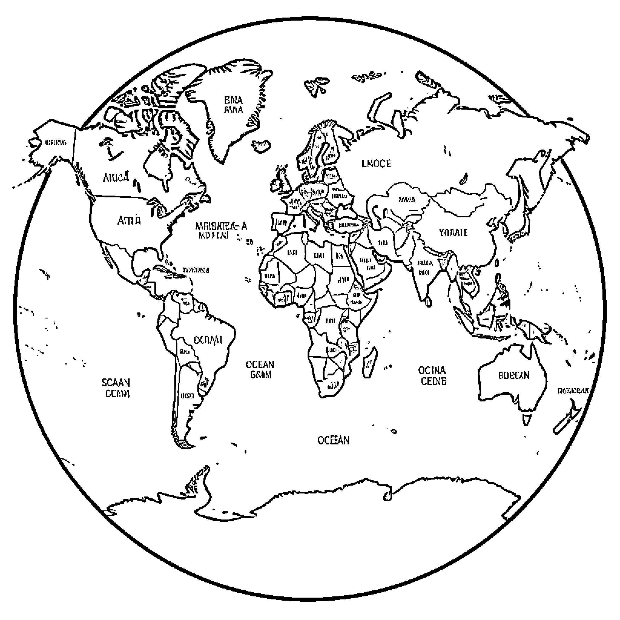 World Map showing various continents and oceans Coloring Page (free black-and-white line drawing printable PDF for all, from beginners to advanced learners, including children, teens, adults, and seniors)