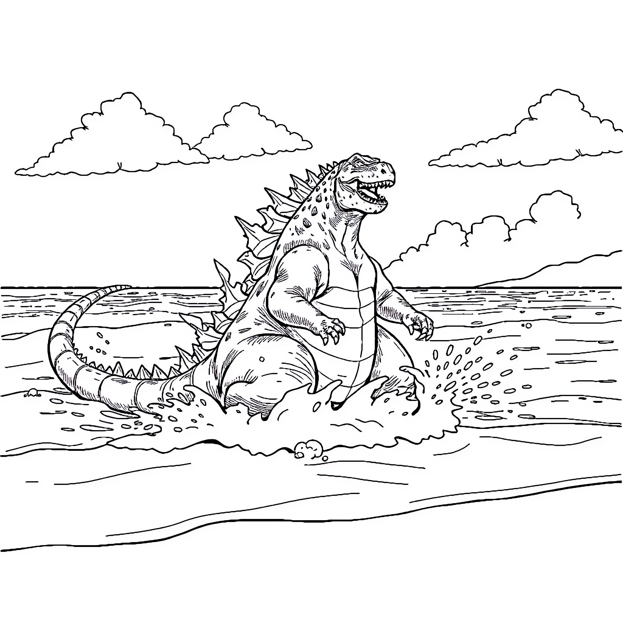 Godzilla rampaging through the ocean waves Coloring Page (free black-and-white line drawing printable PDF for all, from beginners to advanced learners, including children, teens, adults, and seniors)