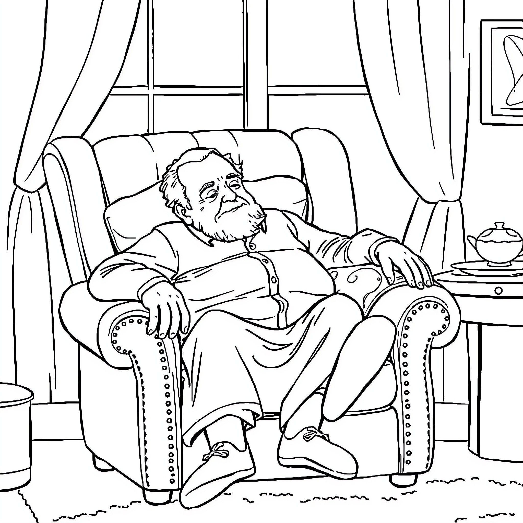 Grandfather relaxing comfortably in his armchair Coloring Page (free black-and-white line drawing printable PDF for all, from beginners to advanced learners, including children, teens, adults, and seniors)