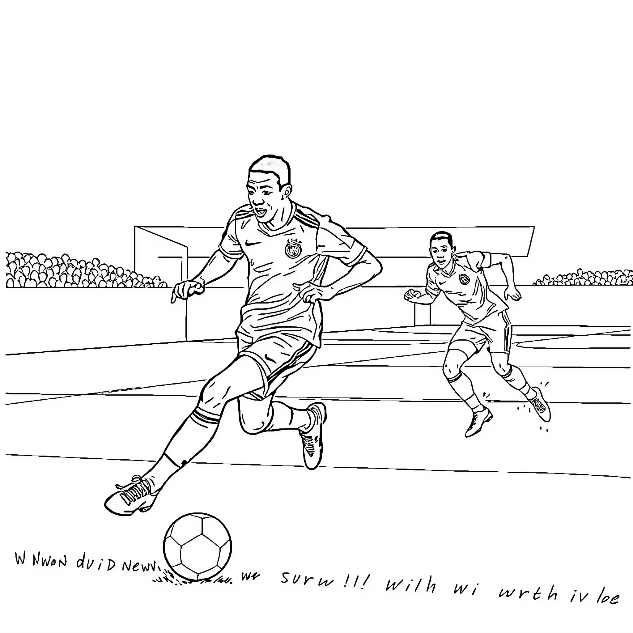 Mbappe Dribbling and Shooting on Soccer Field Coloring Page (free black-and-white line drawing printable PDF for all, from beginners to advanced learners, including children, teens, adults, and seniors)