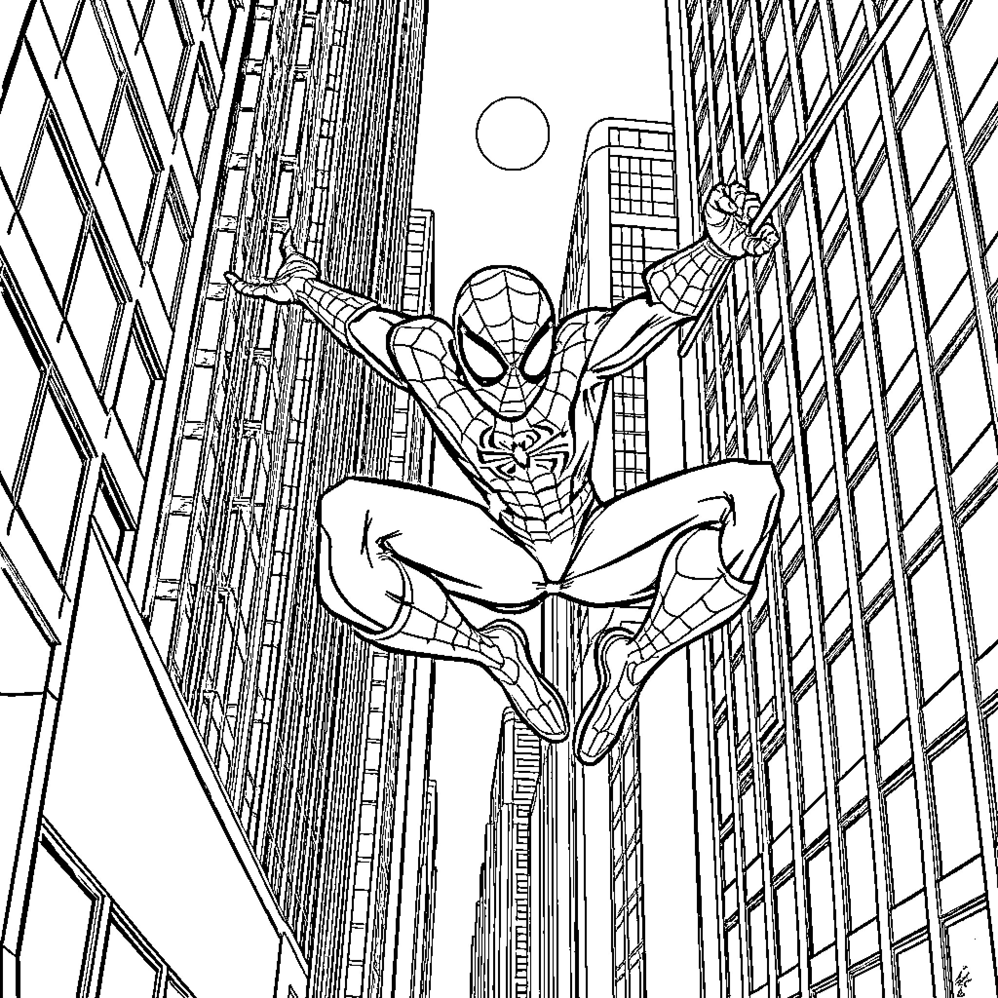 Spiderman swinging between tall city skyscrapers Coloring Page (free black-and-white line drawing printable PDF for all, from beginners to advanced learners, including children, teens, adults, and seniors)