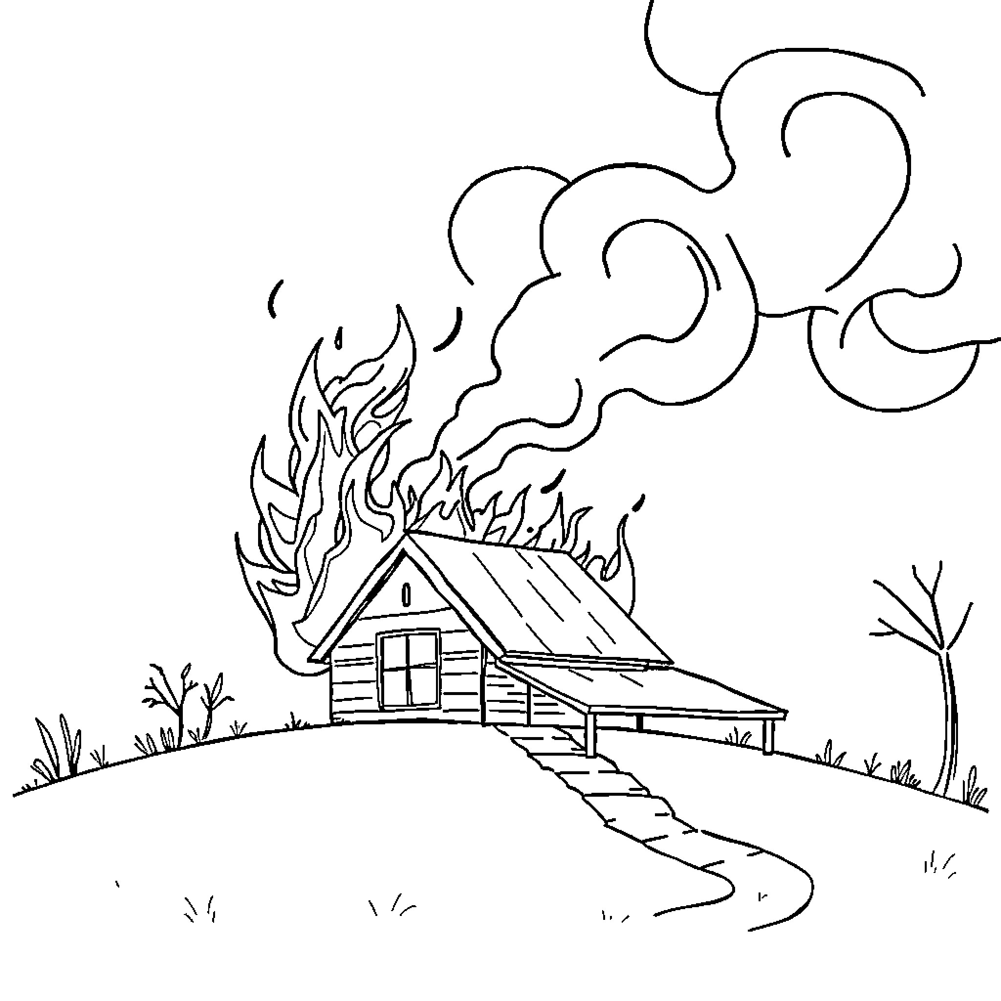 House on fire with smoke billowing Coloring Page (free black-and-white line drawing printable PDF for all, from beginners to advanced learners, including children, teens, adults, and seniors)