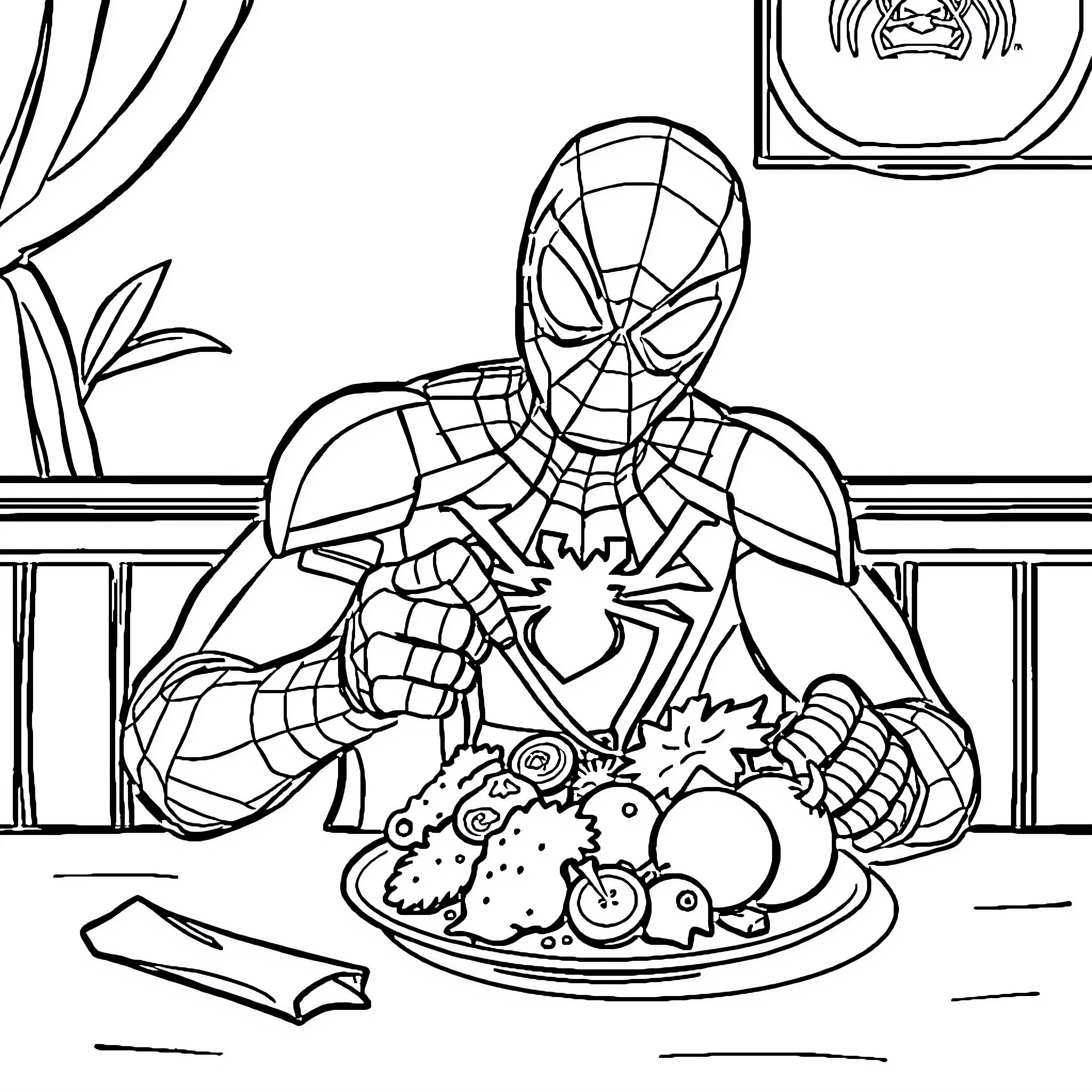 Spider-Man enjoying a healthy meal Coloring Page (free black-and-white line drawing printable PDF for all, from beginners to advanced learners, including children, teens, adults, and seniors)